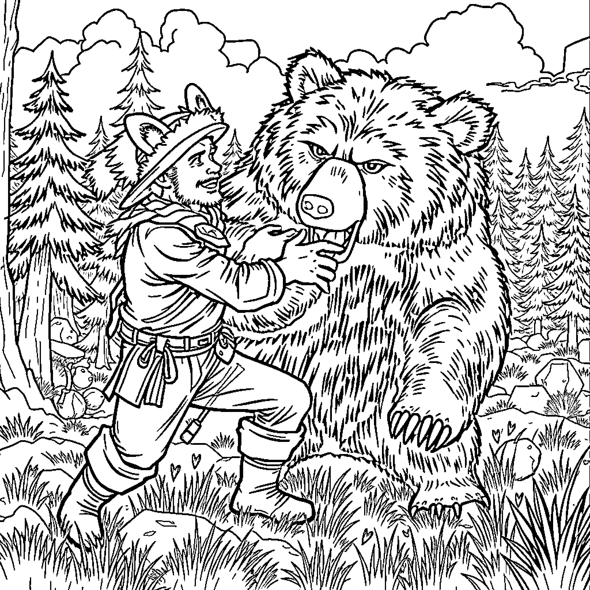 Pioneer Taming the Mighty Bear in the Wilderness Coloring Page (free black-and-white line drawing printable PDF for all, from beginners to advanced learners, including children, teens, adults, and seniors)