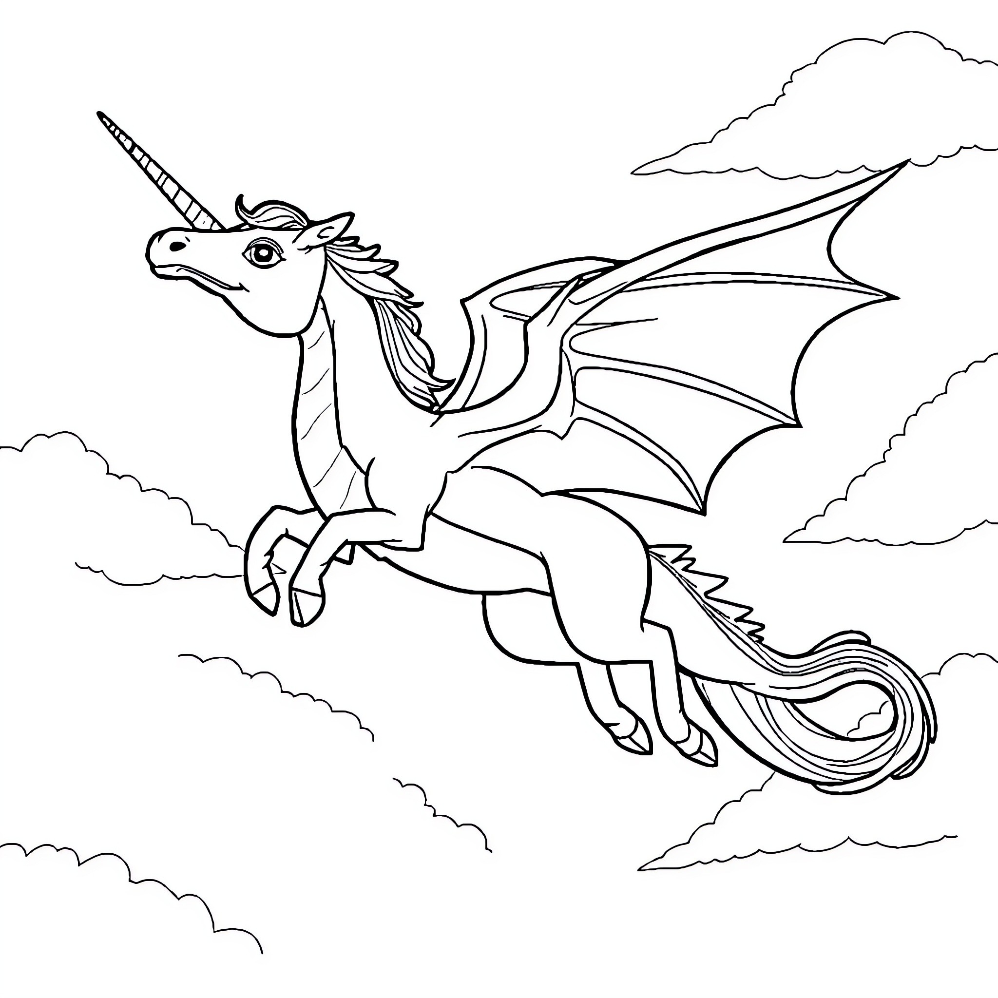 Unicorn-Dragon soaring through the sky Coloring Page (free black-and-white line drawing printable PDF for all, from beginners to advanced learners, including children, teens, adults, and seniors)