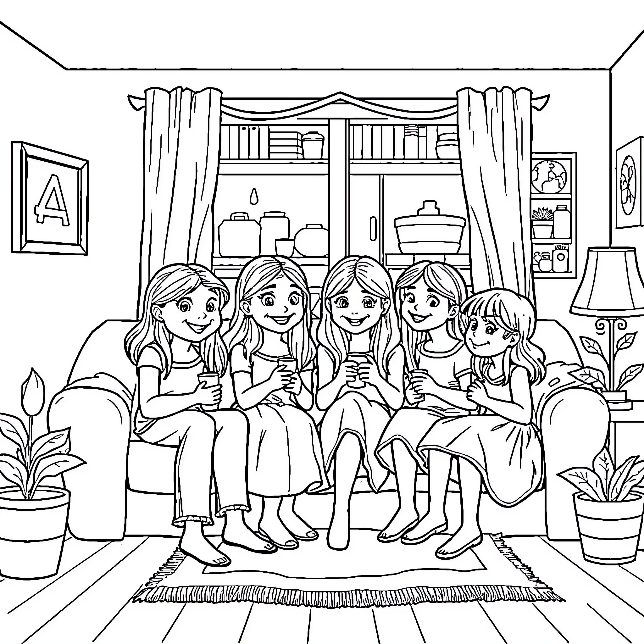 Family Gathering in Cozy Living Room Coloring Page (free black-and-white line drawing printable PDF for all, from beginners to advanced learners, including children, teens, adults, and seniors)