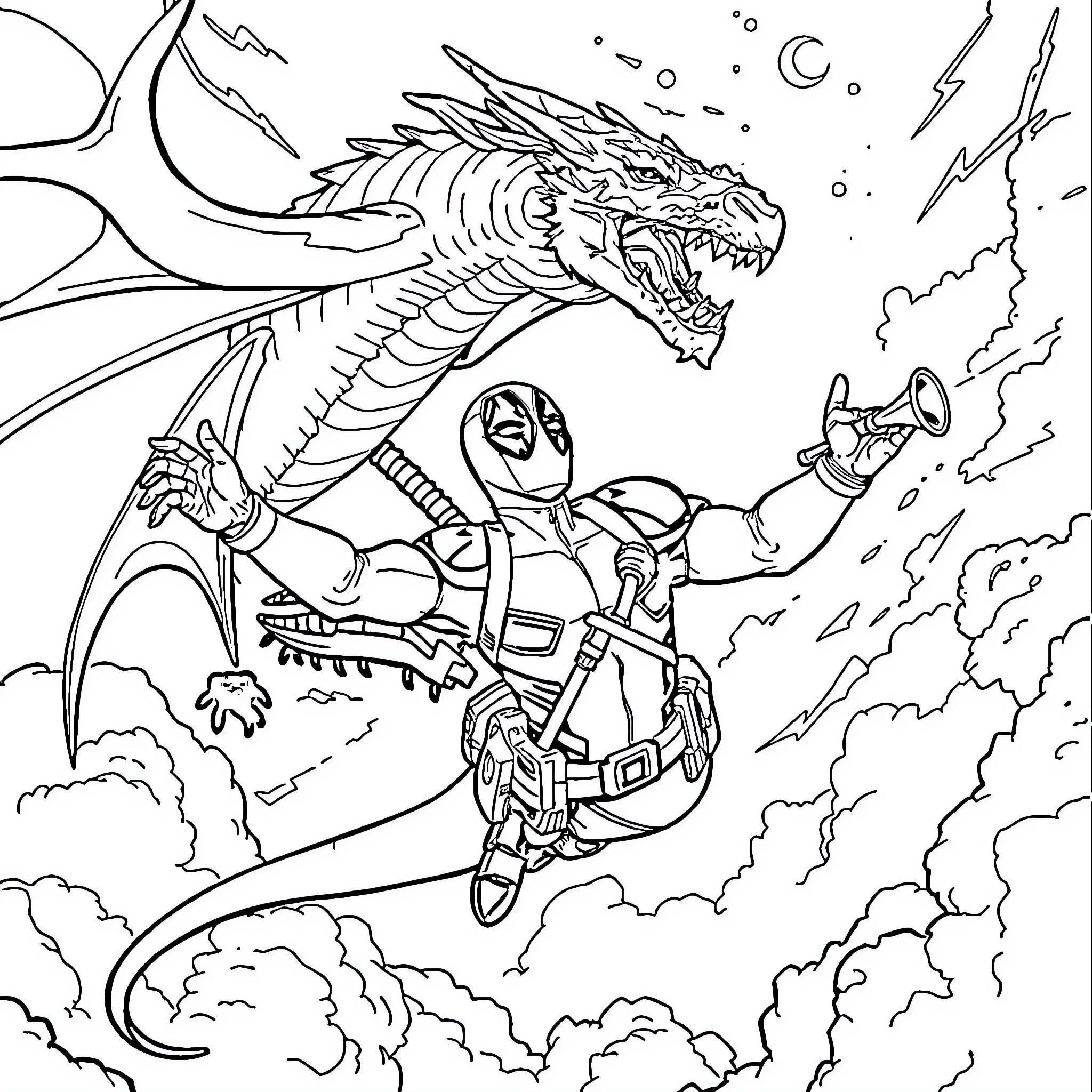 Deadpool battling a fierce dragon in the sky Coloring Page (free black-and-white line drawing printable PDF for all, from beginners to advanced learners, including children, teens, adults, and seniors)