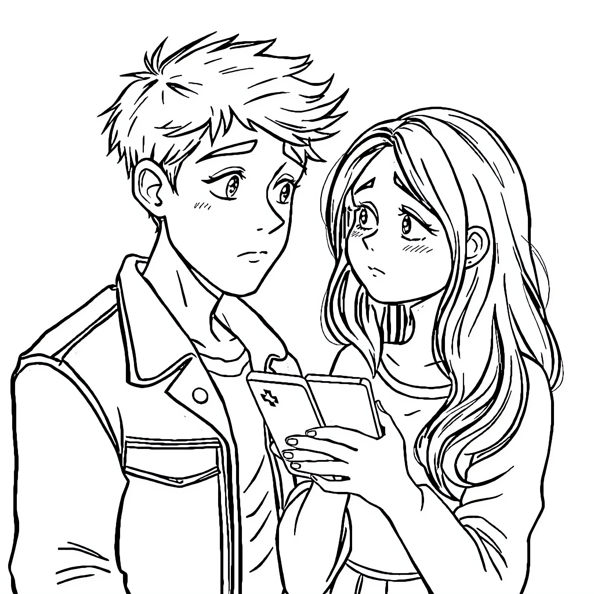 Fille sharing mobile device with friend Coloring Page (free black-and-white line drawing printable PDF for all, from beginners to advanced learners, including children, teens, adults, and seniors)