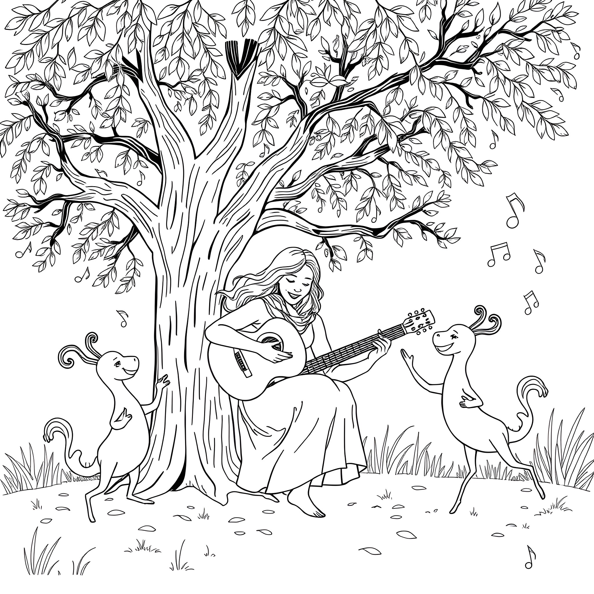 Mom enjoys music and nature with animal friends Coloring Page (free black-and-white line drawing printable PDF for all, from beginners to advanced learners, including children, teens, adults, and seniors)