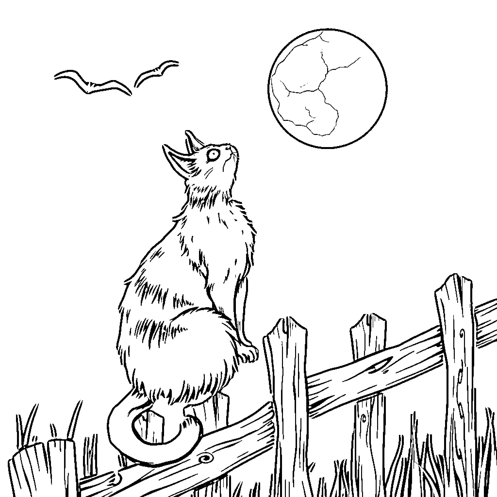 Cat howling at the moon on a frosty night Coloring Page (free black-and-white line drawing printable PDF for all, from beginners to advanced learners, including children, teens, adults, and seniors)