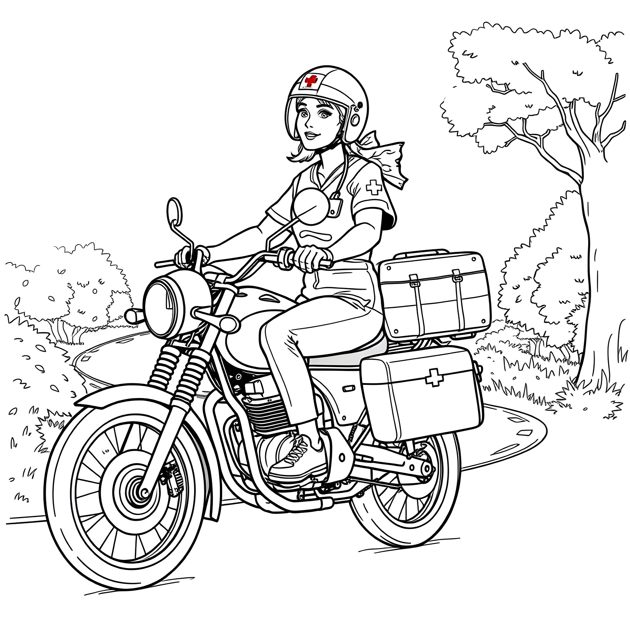 Nurse riding motorcycle with medical supplies Coloring Page (free black-and-white line drawing printable PDF for all, from beginners to advanced learners, including children, teens, adults, and seniors)