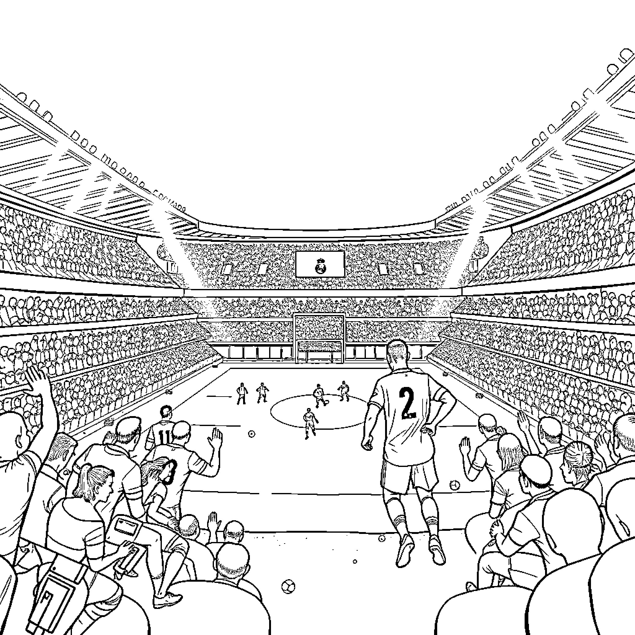Real Madrid Football Match in a Lively Stadium Coloring Page (free black-and-white line drawing printable PDF for all, from beginners to advanced learners, including children, teens, adults, and seniors)