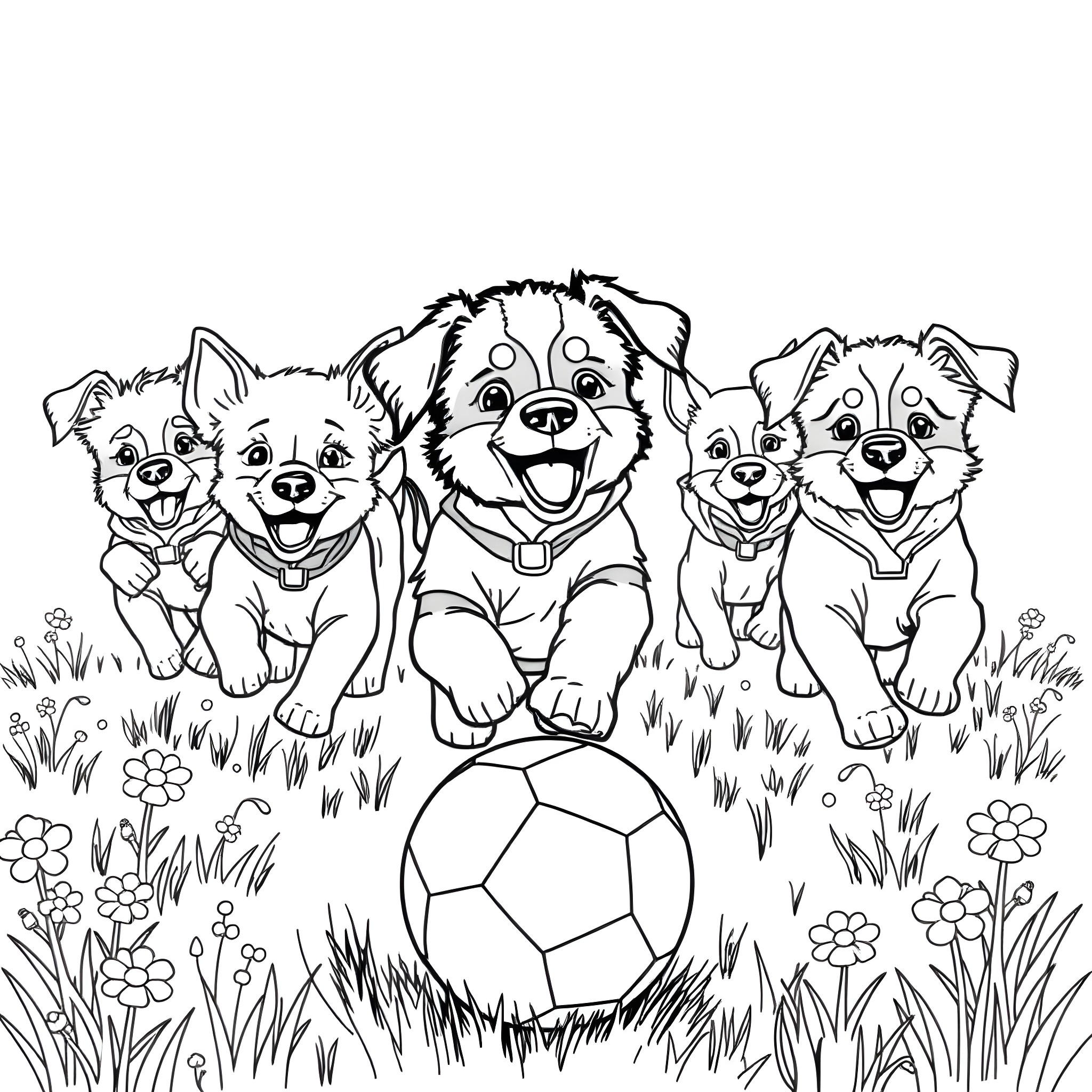 Puppies playing with a soccer ball in the park Coloring Page (free black-and-white line drawing printable PDF for all, from beginners to advanced learners, including children, teens, adults, and seniors)