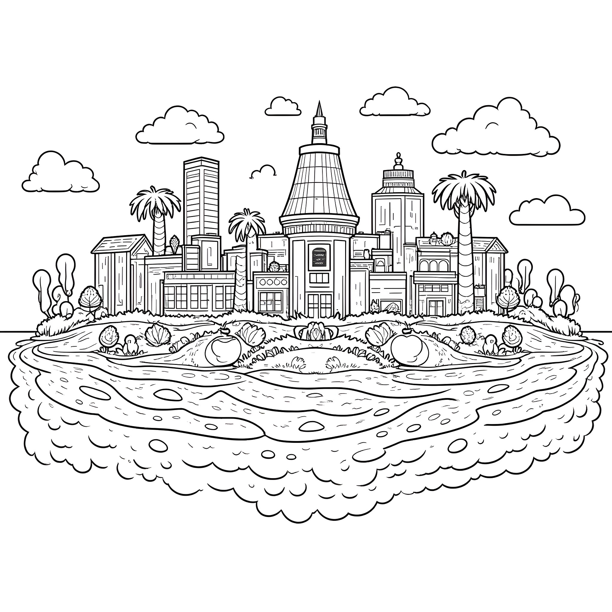 Juice World: Cityscape with Floating Islands Coloring Page (free black-and-white line drawing printable PDF for all, from beginners to advanced learners, including children, teens, adults, and seniors)