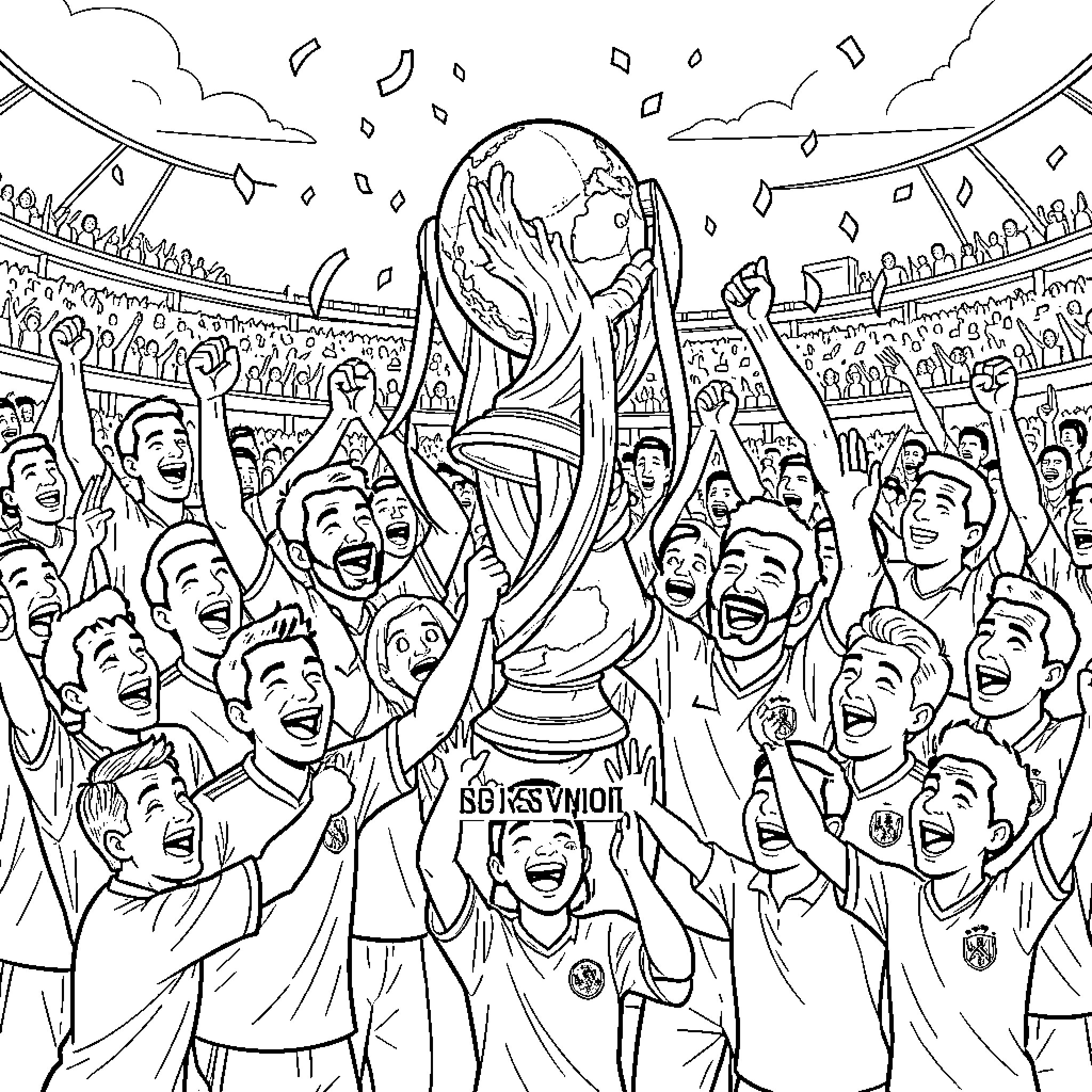Mexico soccer fans celebrating a championship victory Coloring Page (free black-and-white line drawing printable PDF for all, from beginners to advanced learners, including children, teens, adults, and seniors)