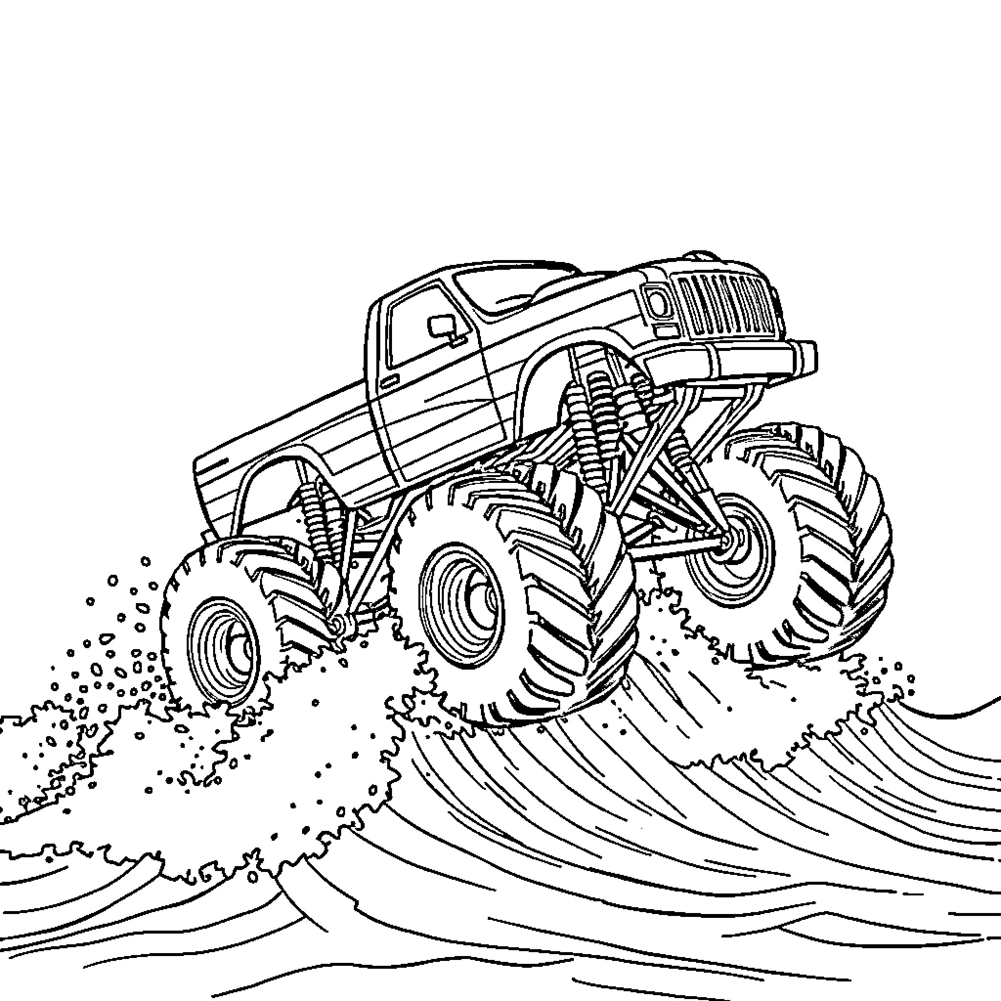 Monster Truck Jumping Over Waves Coloring Page (free black-and-white line drawing printable PDF for all, from beginners to advanced learners, including children, teens, adults, and seniors)