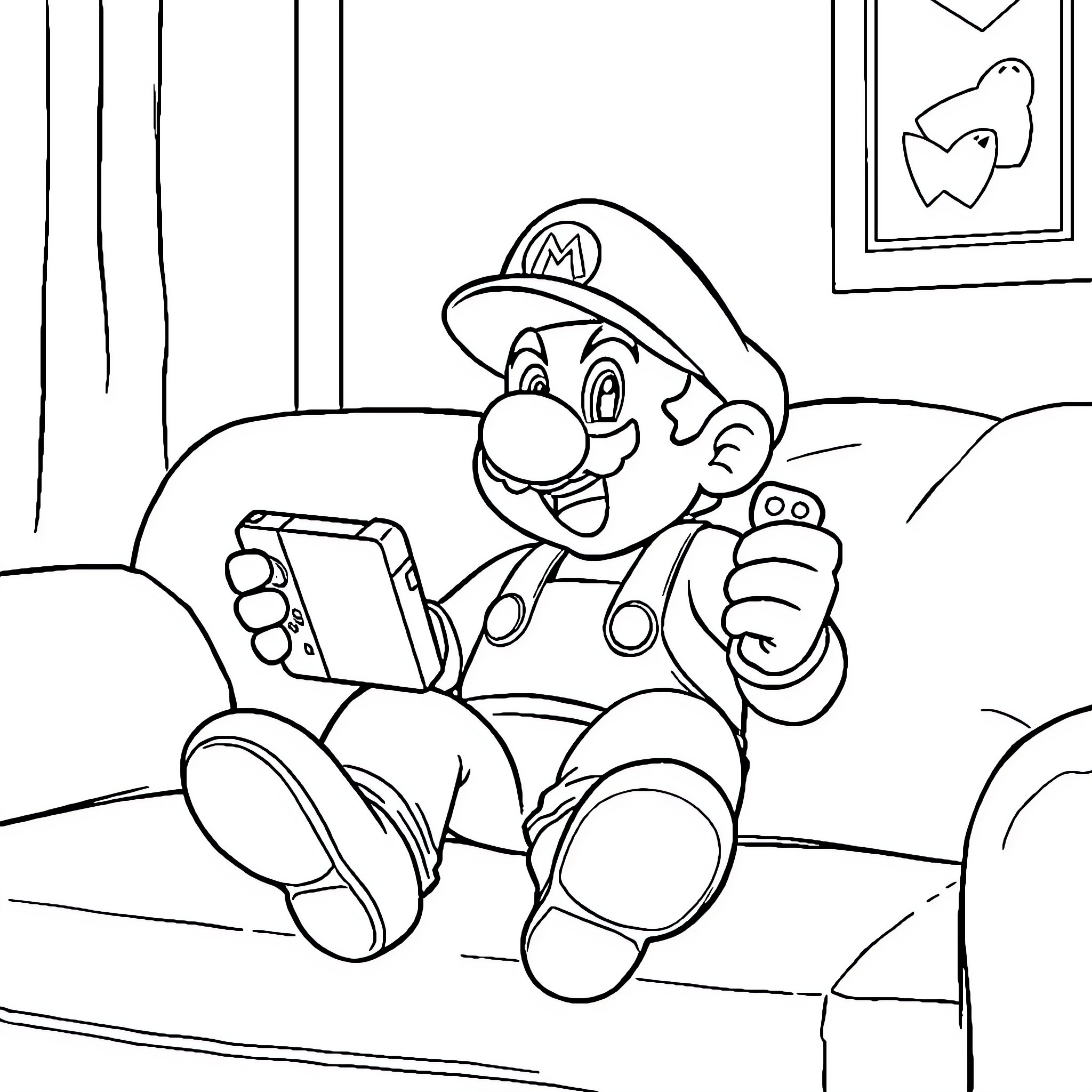 Mario playing a handheld video game excitedly Coloring Page (free black-and-white line drawing printable PDF for all, from beginners to advanced learners, including children, teens, adults, and seniors)