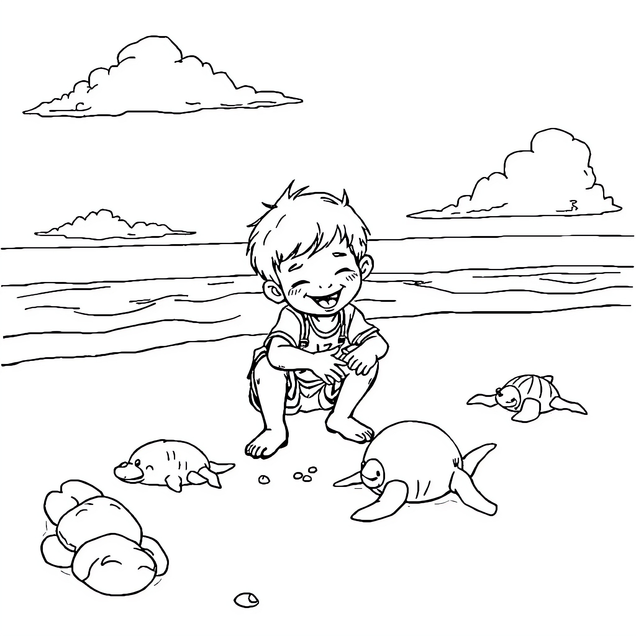 Boy playing joyfully in the ocean with marine animals Coloring Page (free black-and-white line drawing printable PDF for all, from beginners to advanced learners, including children, teens, adults, and seniors)