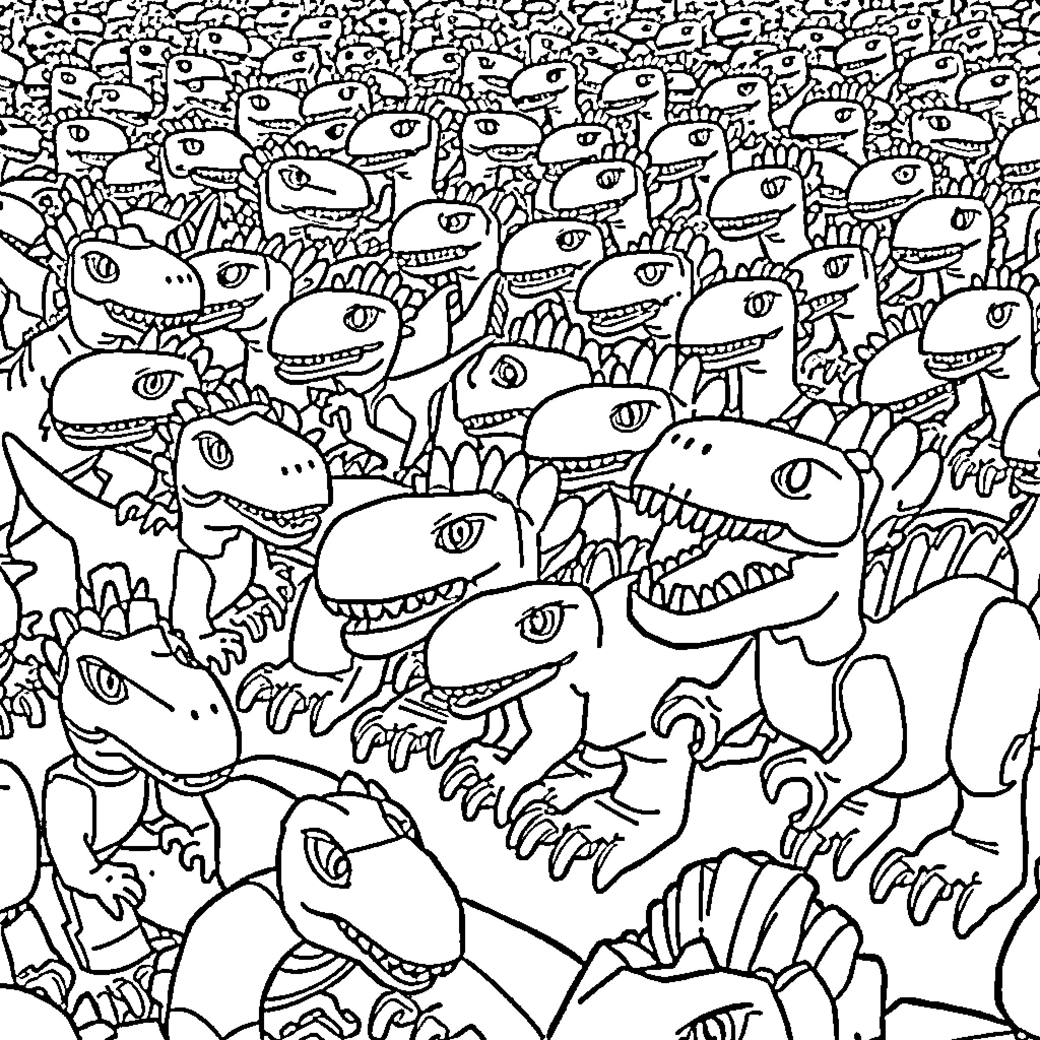 Dinosaur Herd Gathering in the Wild Coloring Page (free black-and-white line drawing printable PDF for all, from beginners to advanced learners, including children, teens, adults, and seniors)