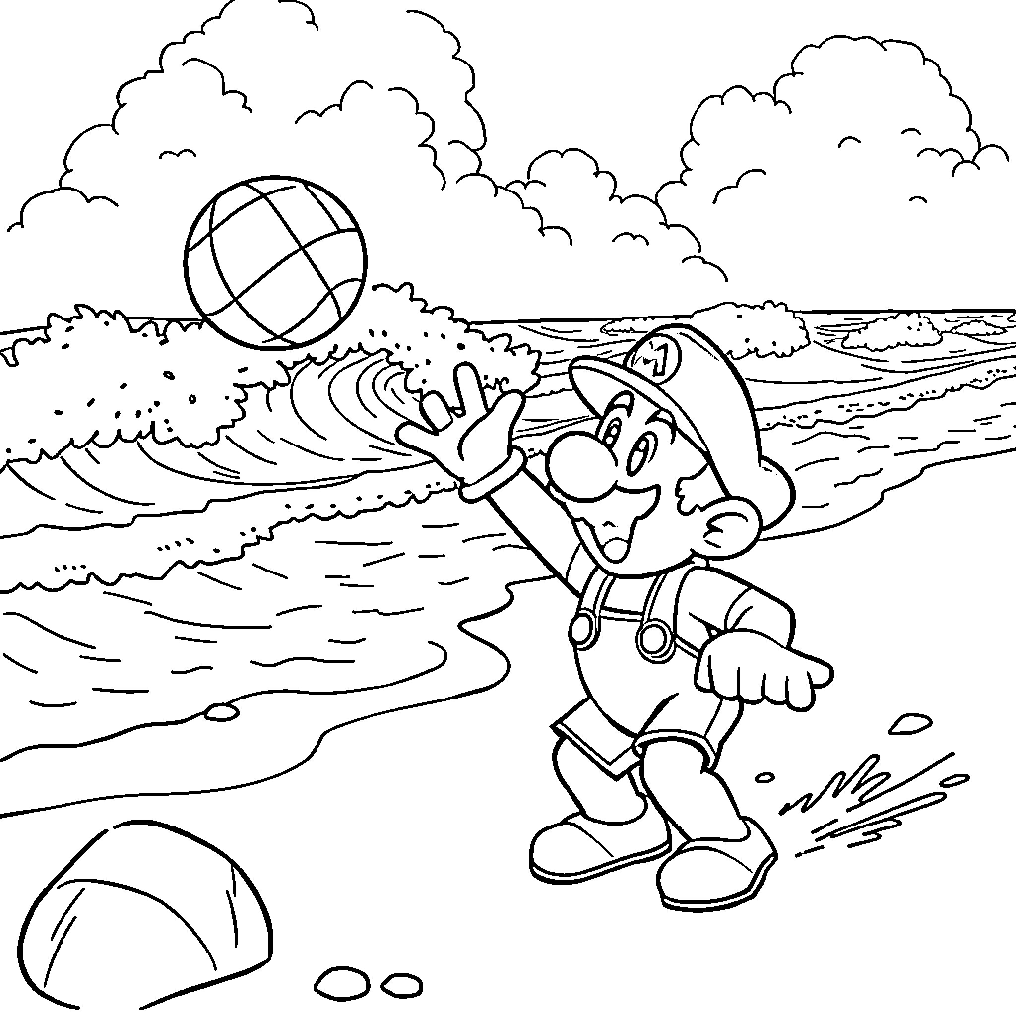 Mario enjoying a day at the beach Coloring Page (free black-and-white line drawing printable PDF for all, from beginners to advanced learners, including children, teens, adults, and seniors)