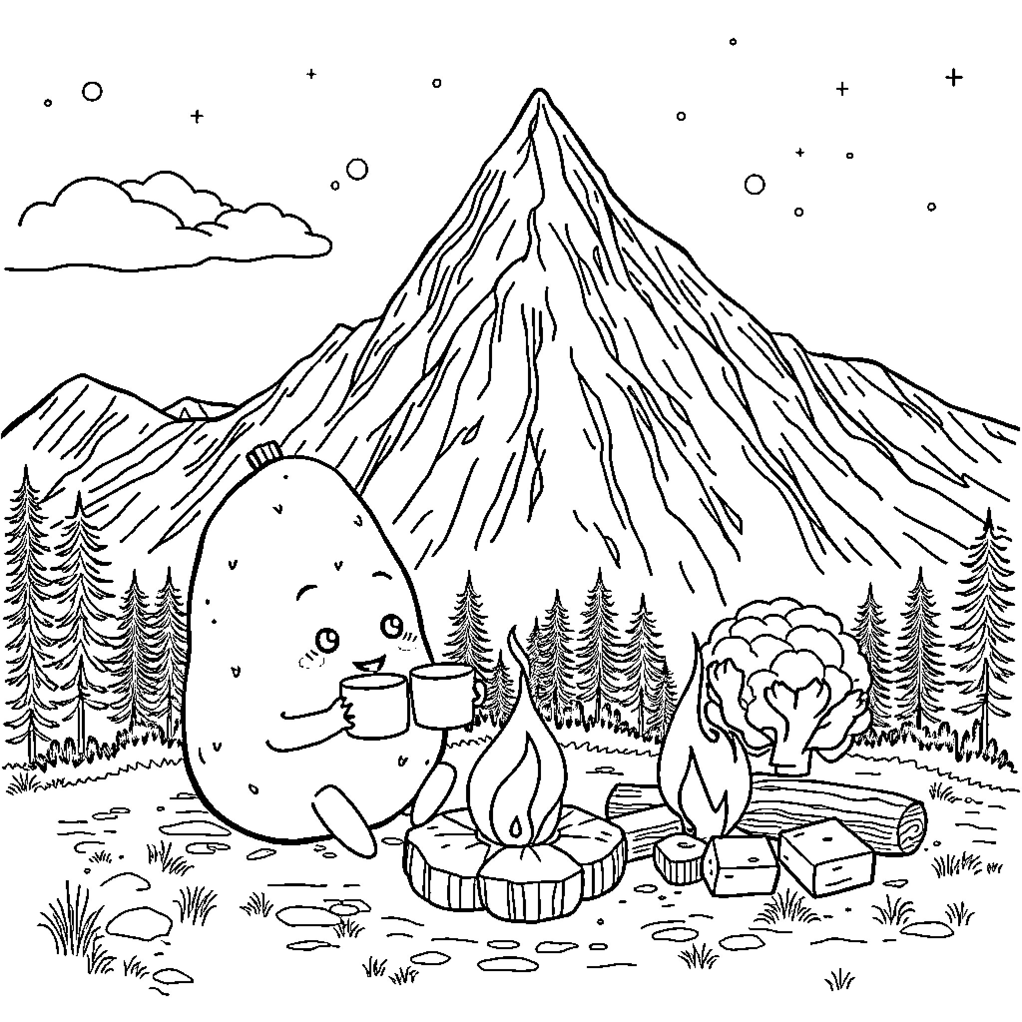 Potato Camping Under Majestic Mountains Coloring Page (free black-and-white line drawing printable PDF for all, from beginners to advanced learners, including children, teens, adults, and seniors)