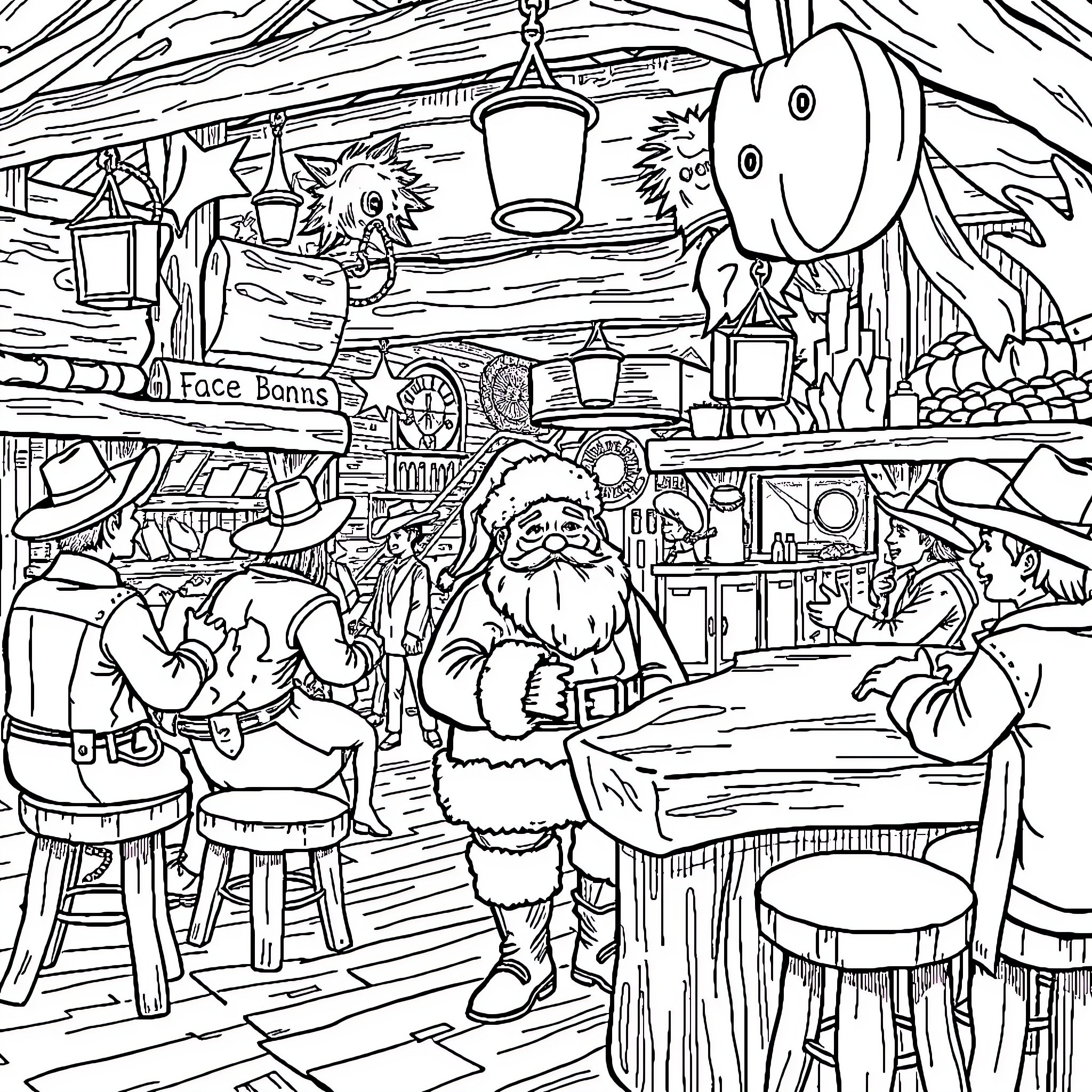 Santa Claus interacting with children in a festive winter scene Coloring Page (free black-and-white line drawing printable PDF for all, from beginners to advanced learners, including children, teens, adults, and seniors)