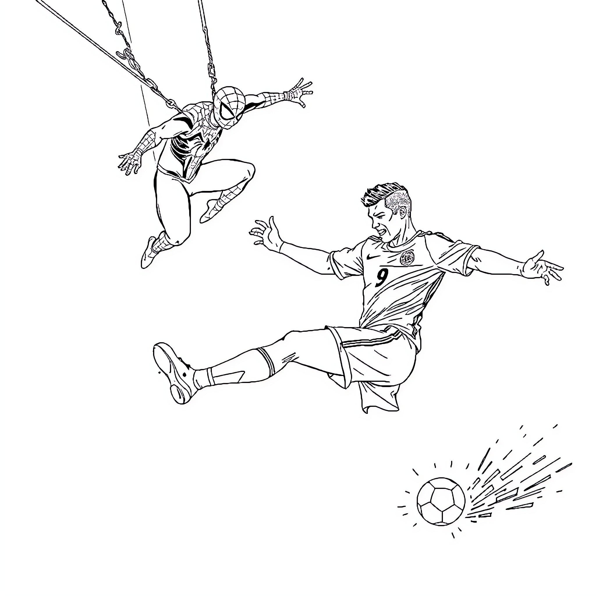 Cristiano Ronaldo and Spider-Man playing soccer Coloring Page (free black-and-white line drawing printable PDF for all, from beginners to advanced learners, including children, teens, adults, and seniors)