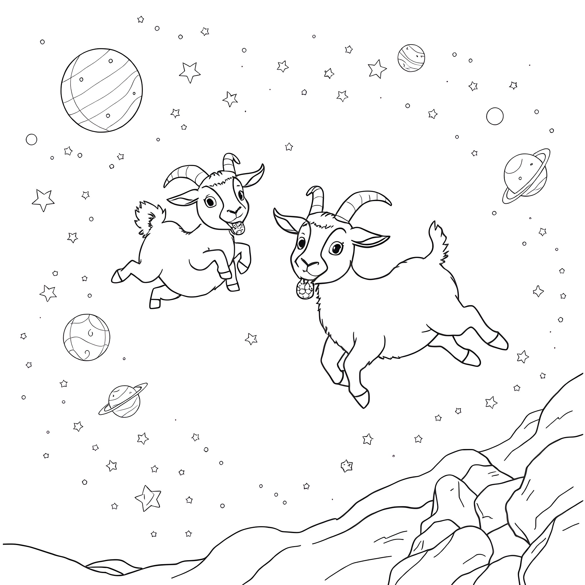 Goats playing joyfully among the stars Coloring Page (free black-and-white line drawing printable PDF for all, from beginners to advanced learners, including children, teens, adults, and seniors)