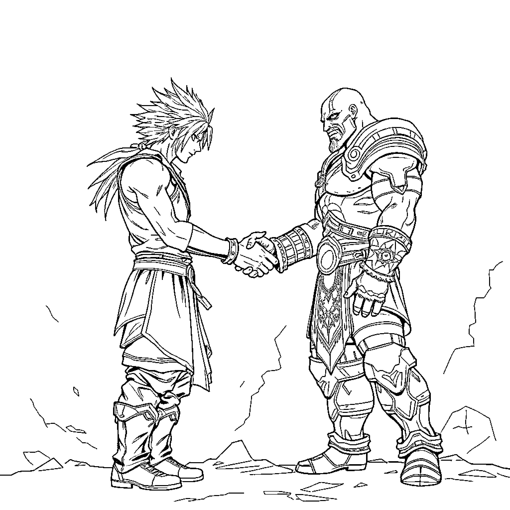 Cloud Strife shakes hands with a warrior in battle gear Coloring Page (free black-and-white line drawing printable PDF for all, from beginners to advanced learners, including children, teens, adults, and seniors)