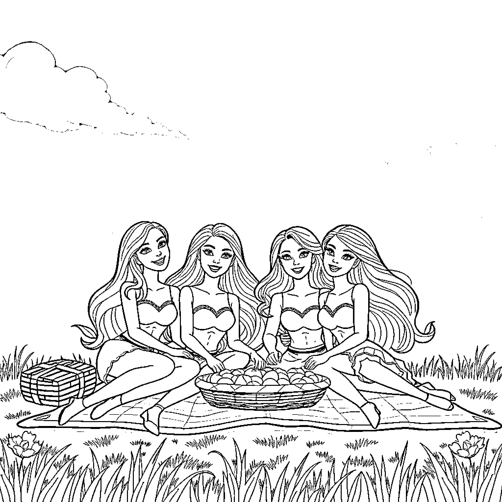 Barbie friends having a picnic in the park Coloring Page (free black-and-white line drawing printable PDF for all, from beginners to advanced learners, including children, teens, adults, and seniors)