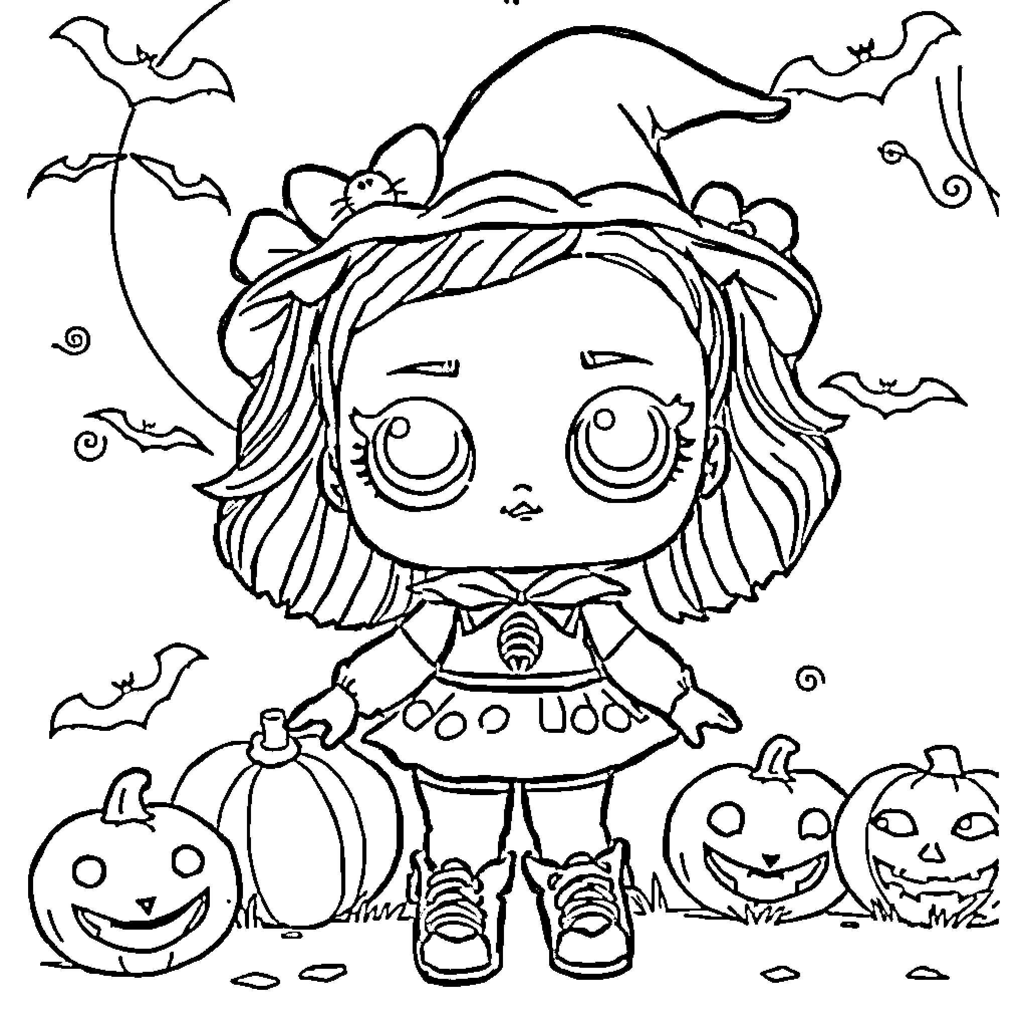 Lol Doll dressed up for Halloween Coloring Page (free black-and-white line drawing printable PDF for all, from beginners to advanced learners, including children, teens, adults, and seniors)