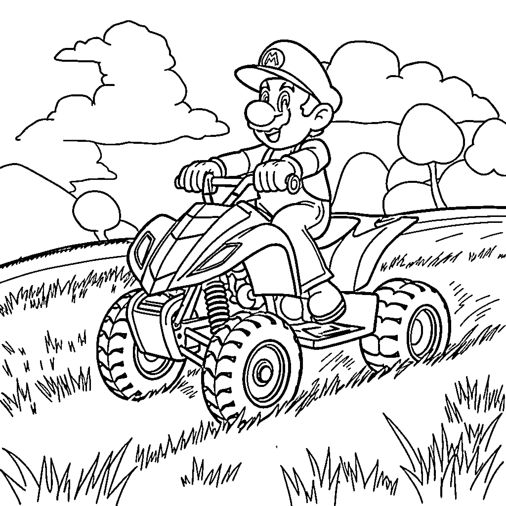 Mario riding a quad in the countryside Coloring Page (free black-and-white line drawing printable PDF for all, from beginners to advanced learners, including children, teens, adults, and seniors)