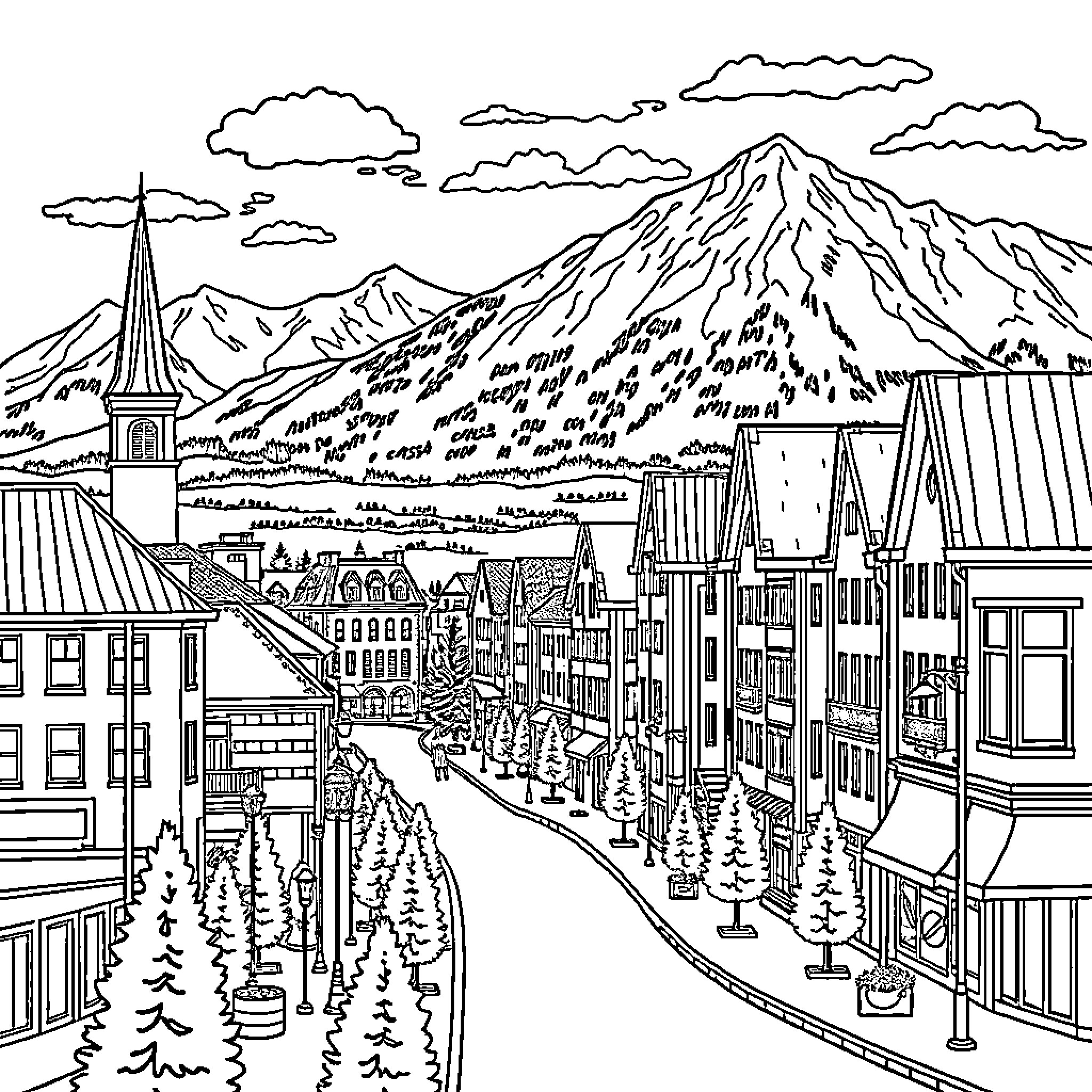 City Bustling with Activity in Mountain Landscape Coloring Page (free black-and-white line drawing printable PDF for all, from beginners to advanced learners, including children, teens, adults, and seniors)