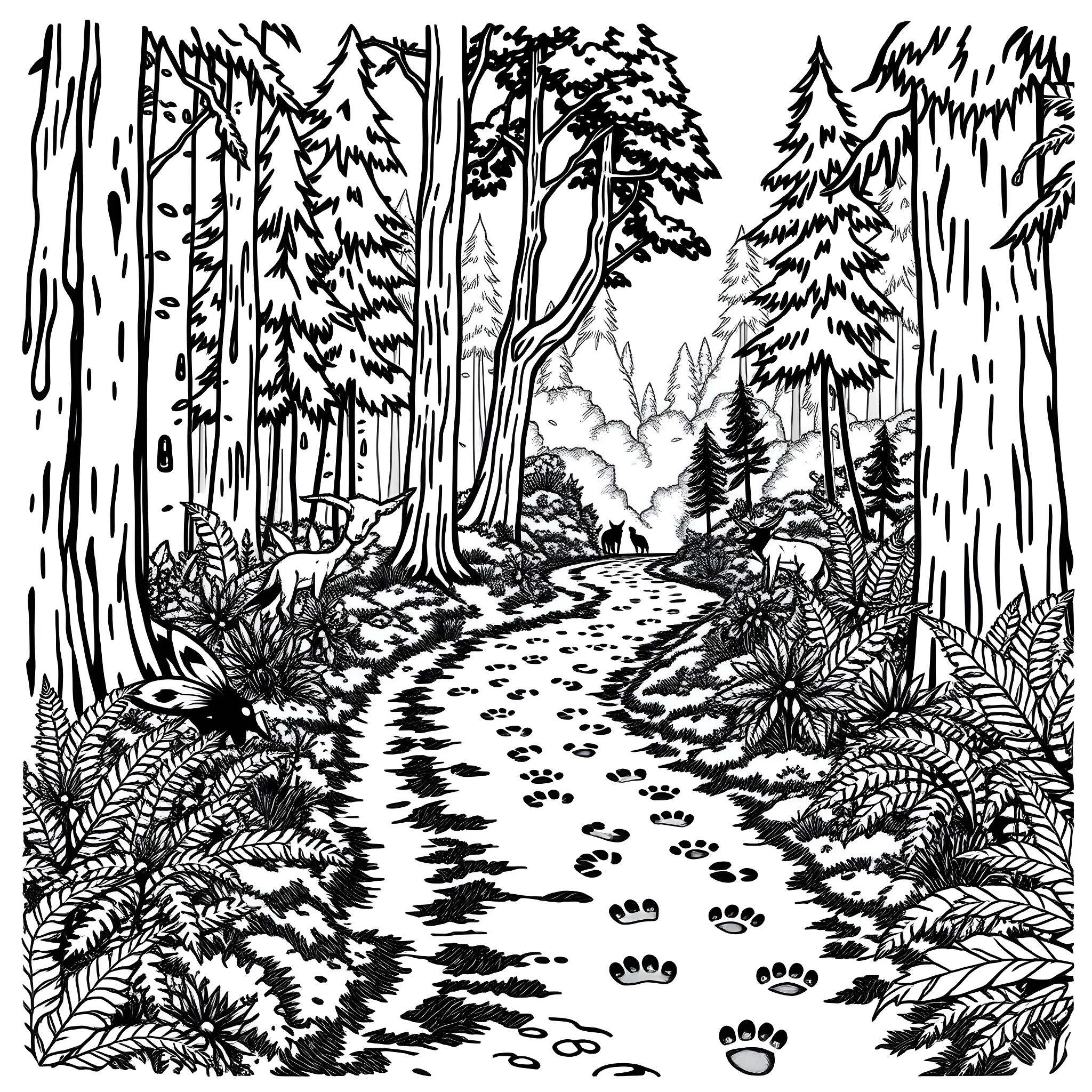 Animal Footprint in the Enchanted Forest Coloring Page (free black-and-white line drawing printable PDF for all, from beginners to advanced learners, including children, teens, adults, and seniors)