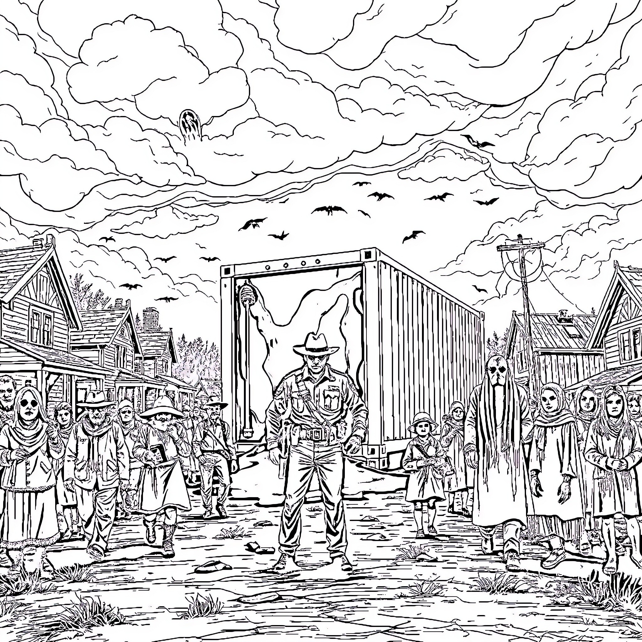 Horror of the Apocalyptic Wasteland Coloring Page (free black-and-white line drawing printable PDF for all, from beginners to advanced learners, including children, teens, adults, and seniors)