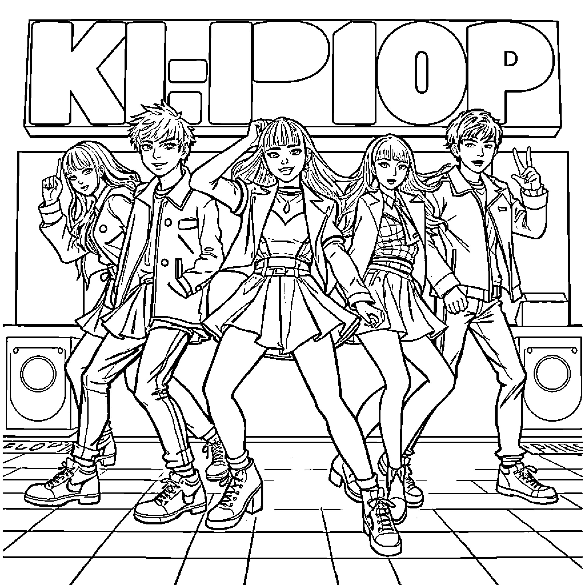 K-Pop Group Performing on Stage with Energetic Expressions Coloring Page (free black-and-white line drawing printable PDF for all, from beginners to advanced learners, including children, teens, adults, and seniors)