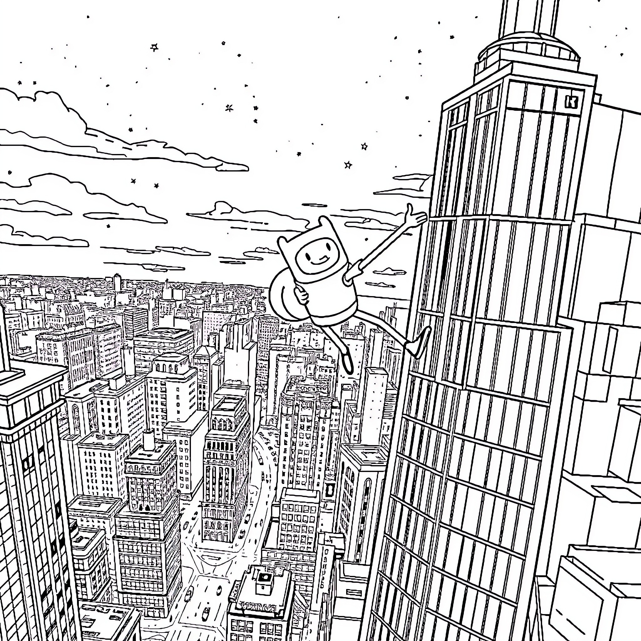 Jake's Adventurous Skyscraper Climb Coloring Page (free black-and-white line drawing printable PDF for all, from beginners to advanced learners, including children, teens, adults, and seniors)