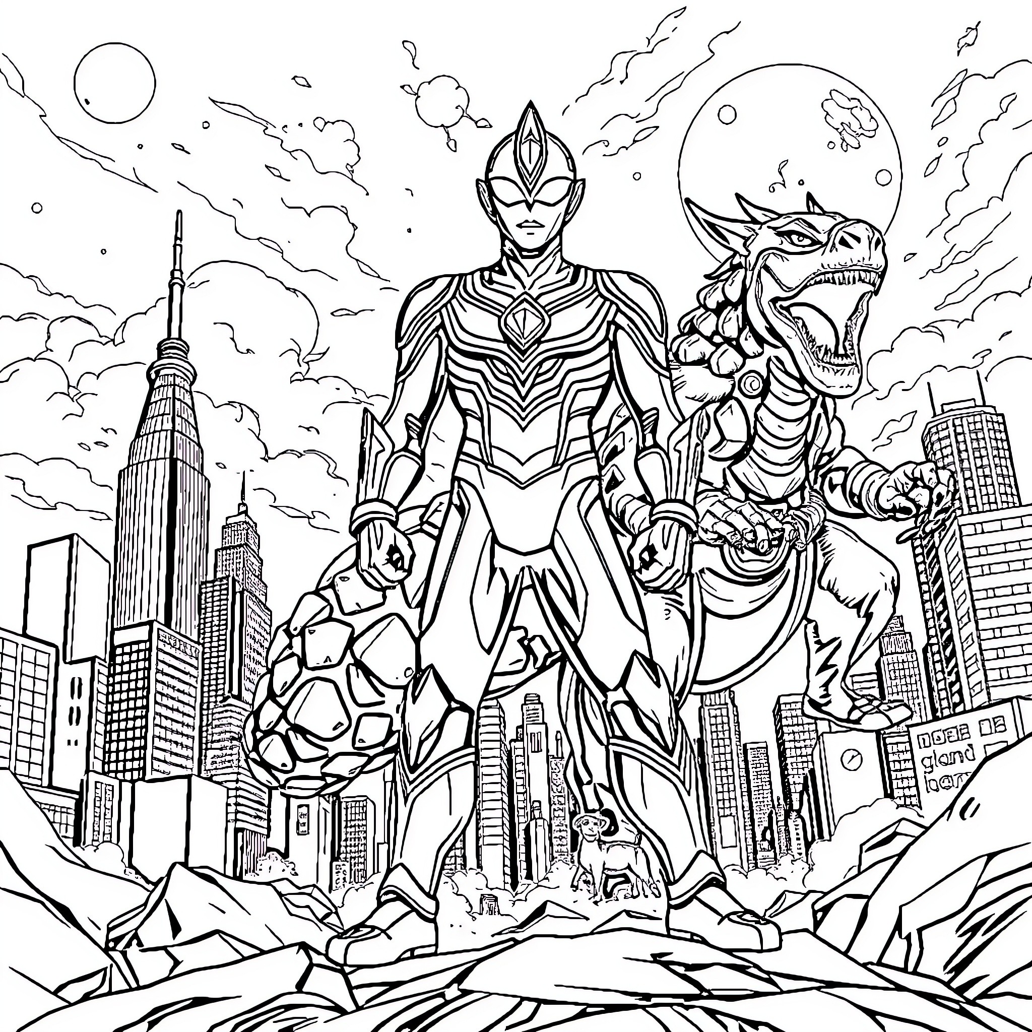 Ultraman battling a fearsome monster in the city Coloring Page (free black-and-white line drawing printable PDF for all, from beginners to advanced learners, including children, teens, adults, and seniors)