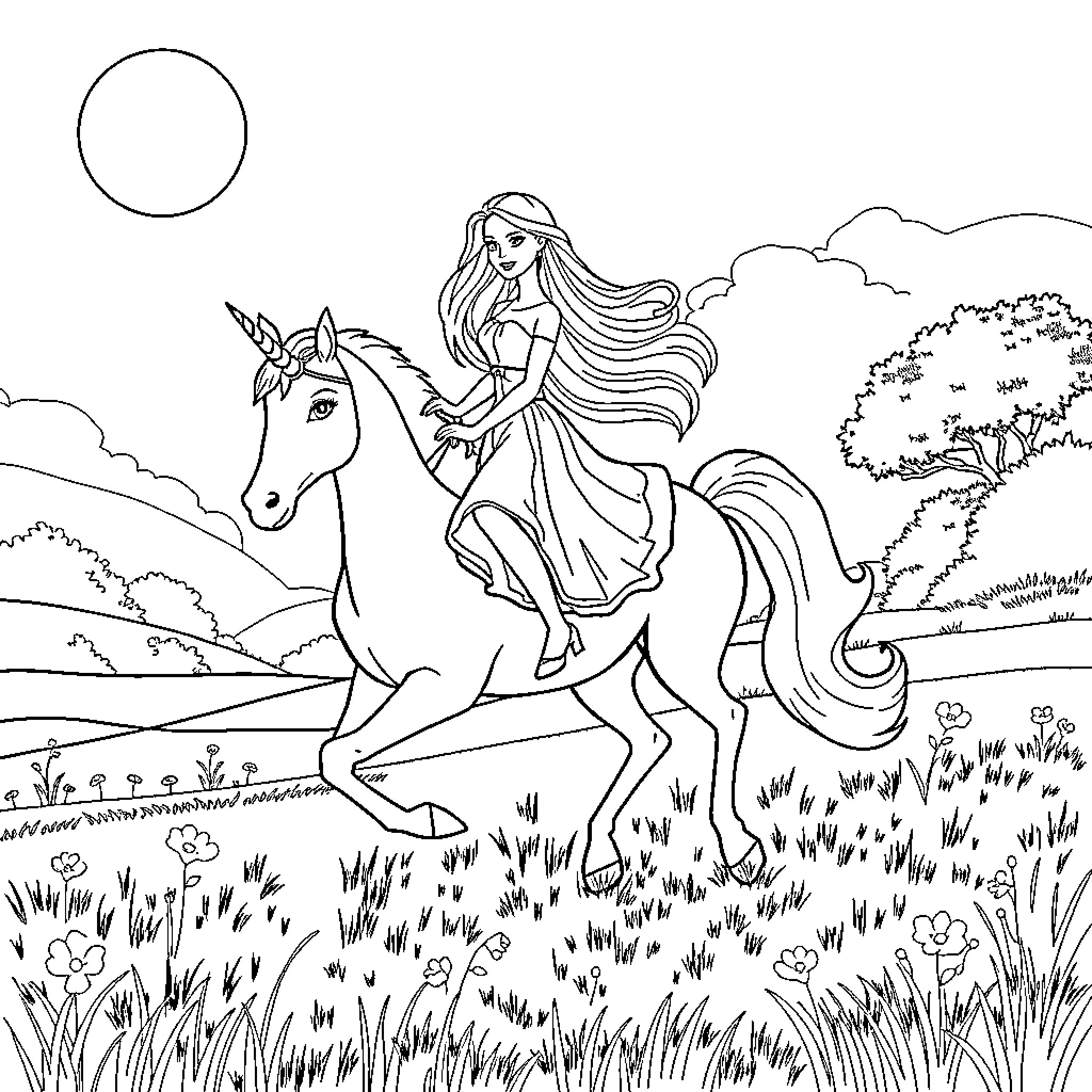 Barbie riding her majestic unicorn through a meadow Coloring Page (free black-and-white line drawing printable PDF for all, from beginners to advanced learners, including children, teens, adults, and seniors)