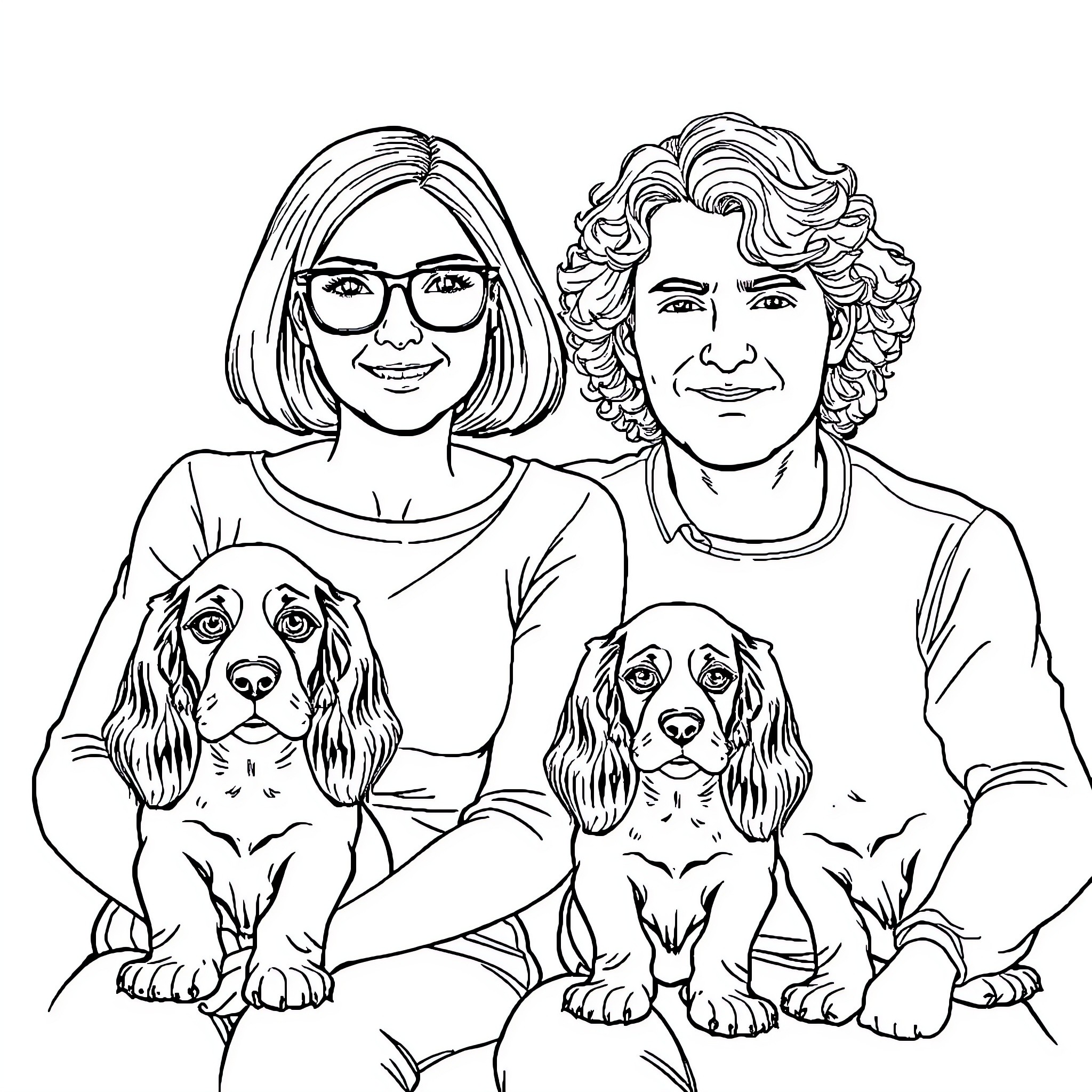 Adult couple with two pet dogs in a domestic setting Coloring Page (free black-and-white line drawing printable PDF for all, from beginners to advanced learners, including children, teens, adults, and seniors)