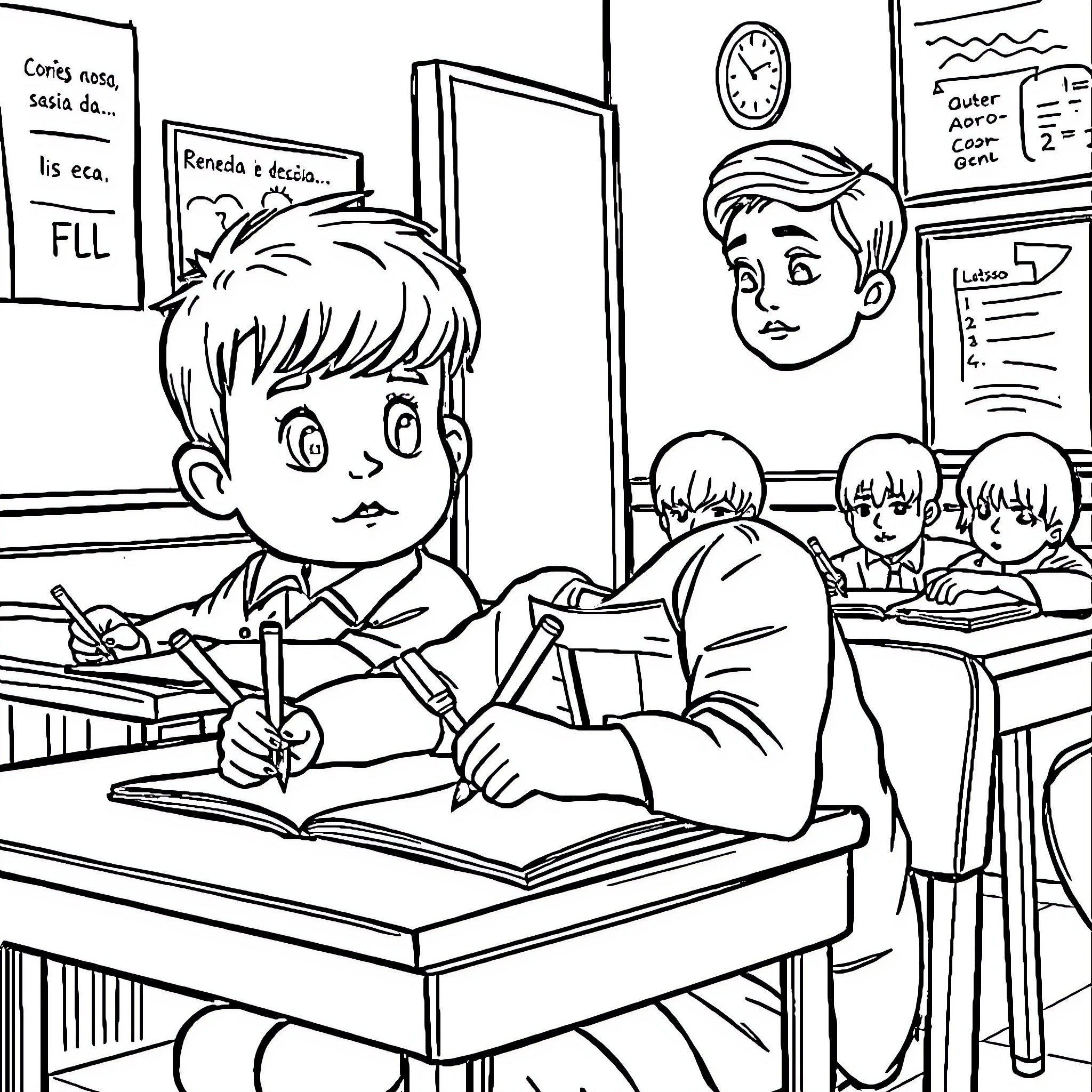 Child working diligently in classroom with peers Coloring Page (free black-and-white line drawing printable PDF for all, from beginners to advanced learners, including children, teens, adults, and seniors)
