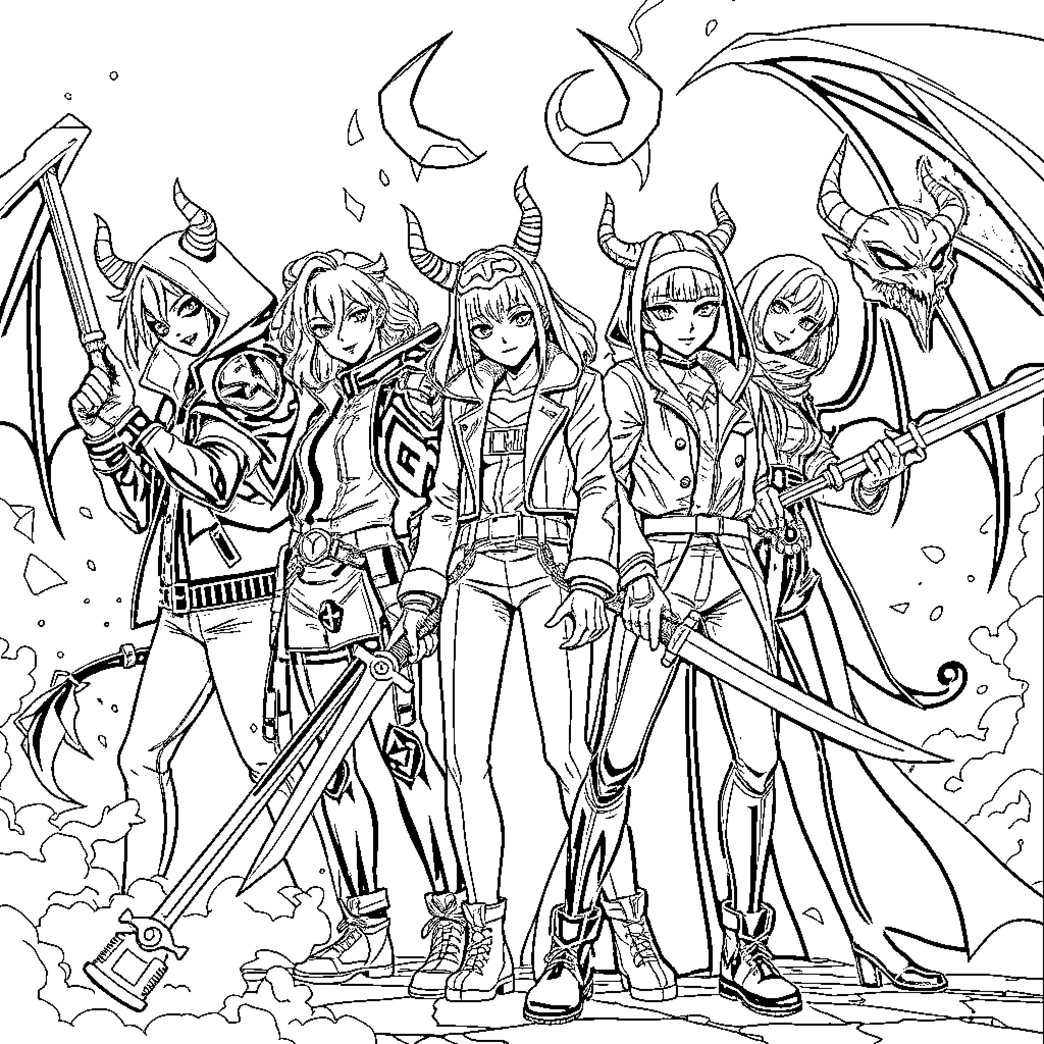 Demon Hunter group posing heroically in battle gear Coloring Page (free black-and-white line drawing printable PDF for all, from beginners to advanced learners, including children, teens, adults, and seniors)