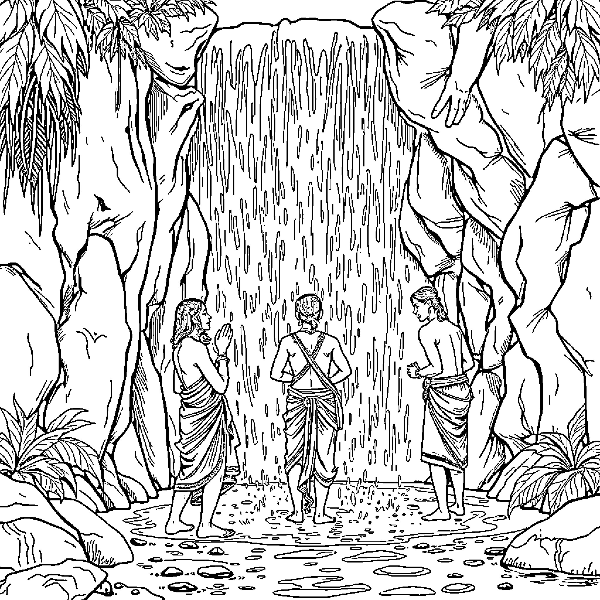 Indian Tribal People Enjoying Waterfall in Lush Jungle Coloring Page (free black-and-white line drawing printable PDF for all, from beginners to advanced learners, including children, teens, adults, and seniors)