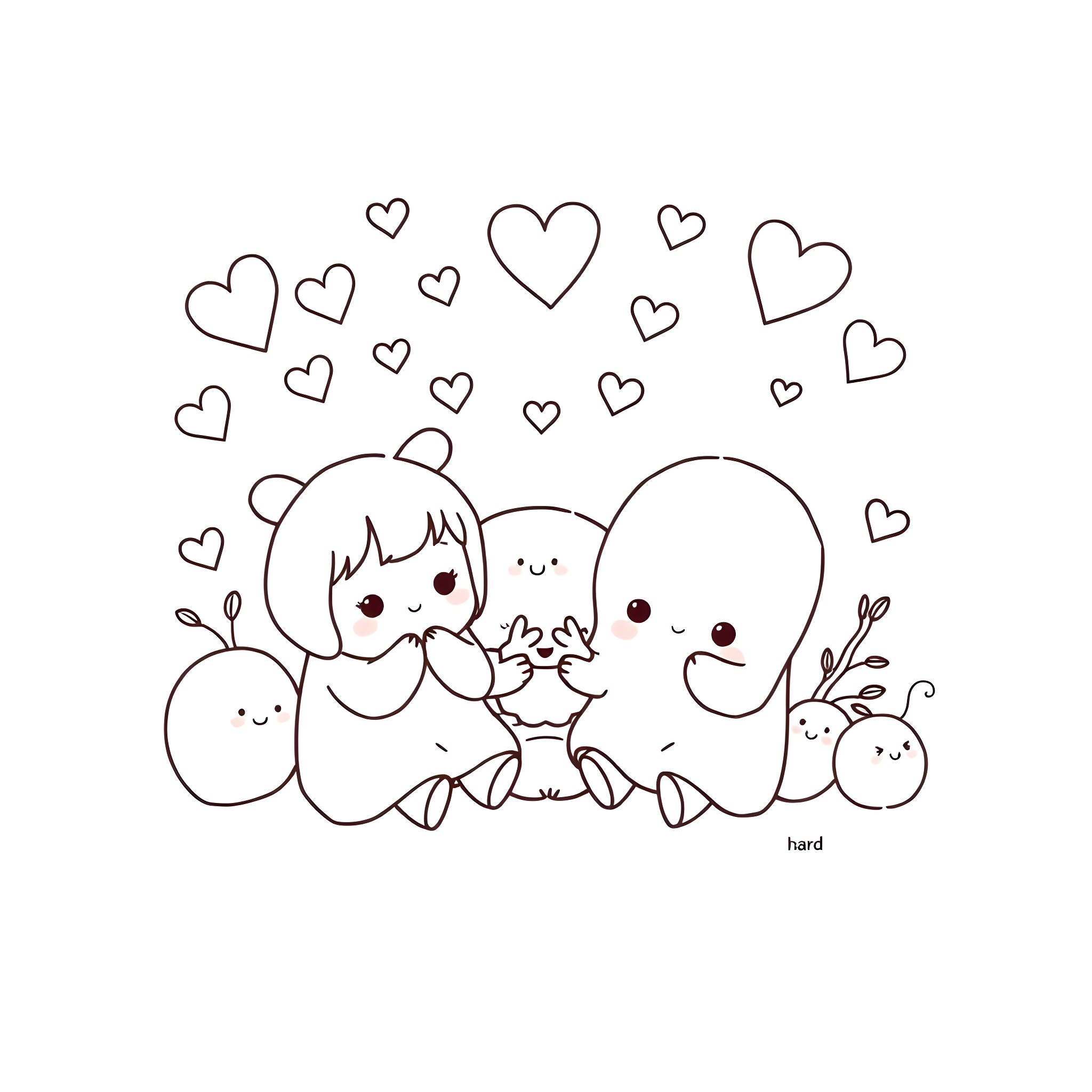 Kawaii family cuddling with hearts Coloring Page (free black-and-white line drawing printable PDF for all, from beginners to advanced learners, including children, teens, adults, and seniors)