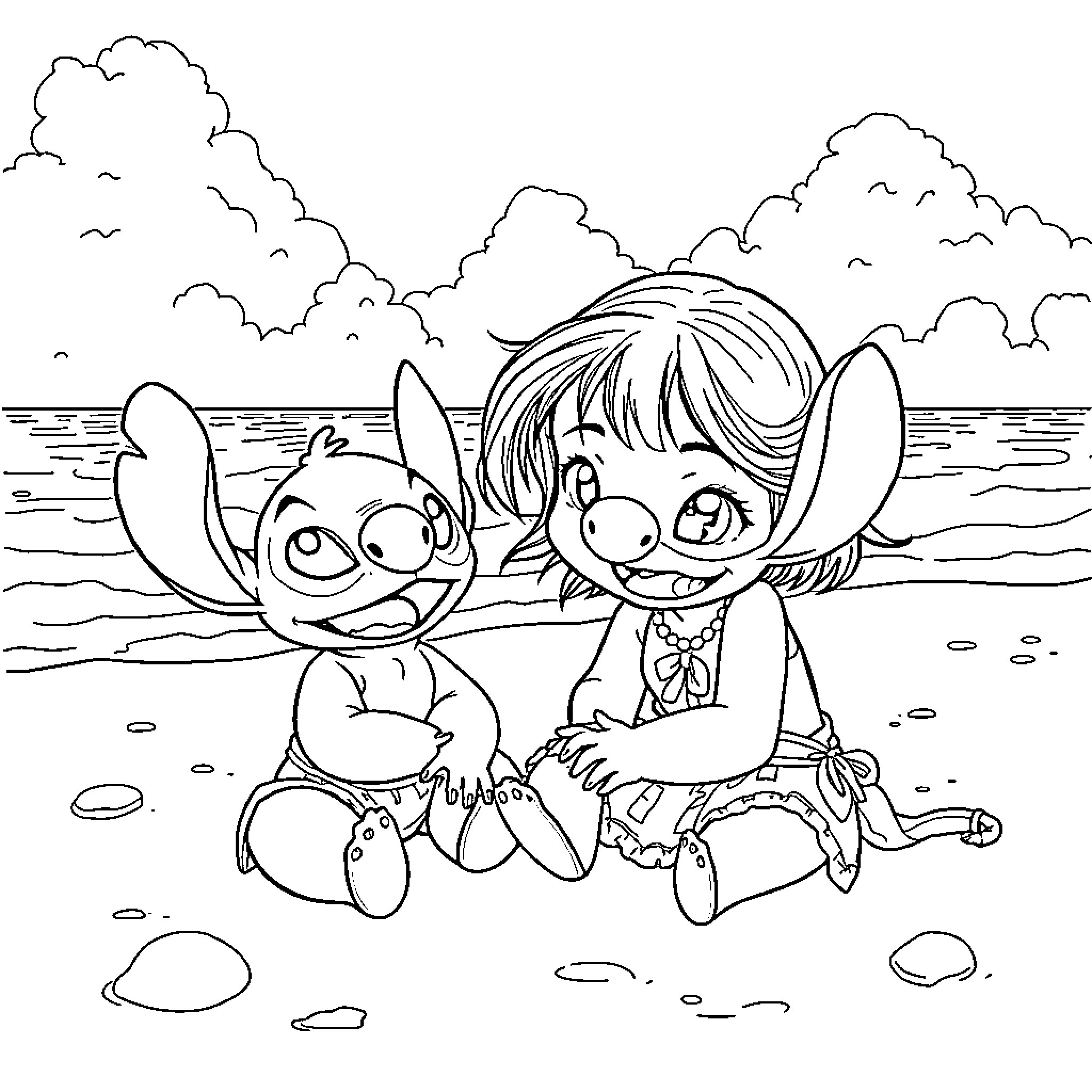 Lilo And Stitch exploring the beach together Coloring Page (free black-and-white line drawing printable PDF for all, from beginners to advanced learners, including children, teens, adults, and seniors)