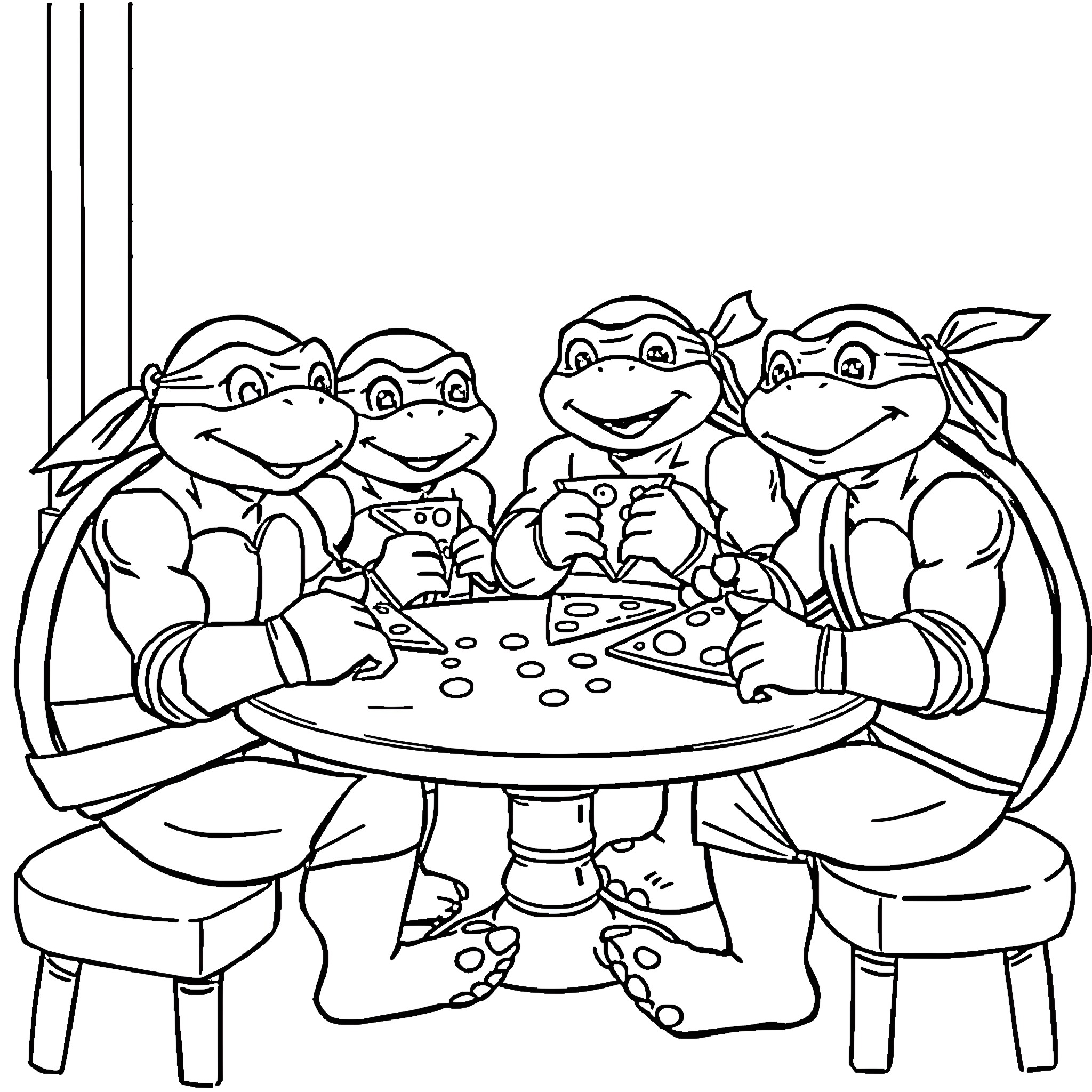 Ninja Turtles Sharing a Meal Together Coloring Page (free black-and-white line drawing printable PDF for all, from beginners to advanced learners, including children, teens, adults, and seniors)