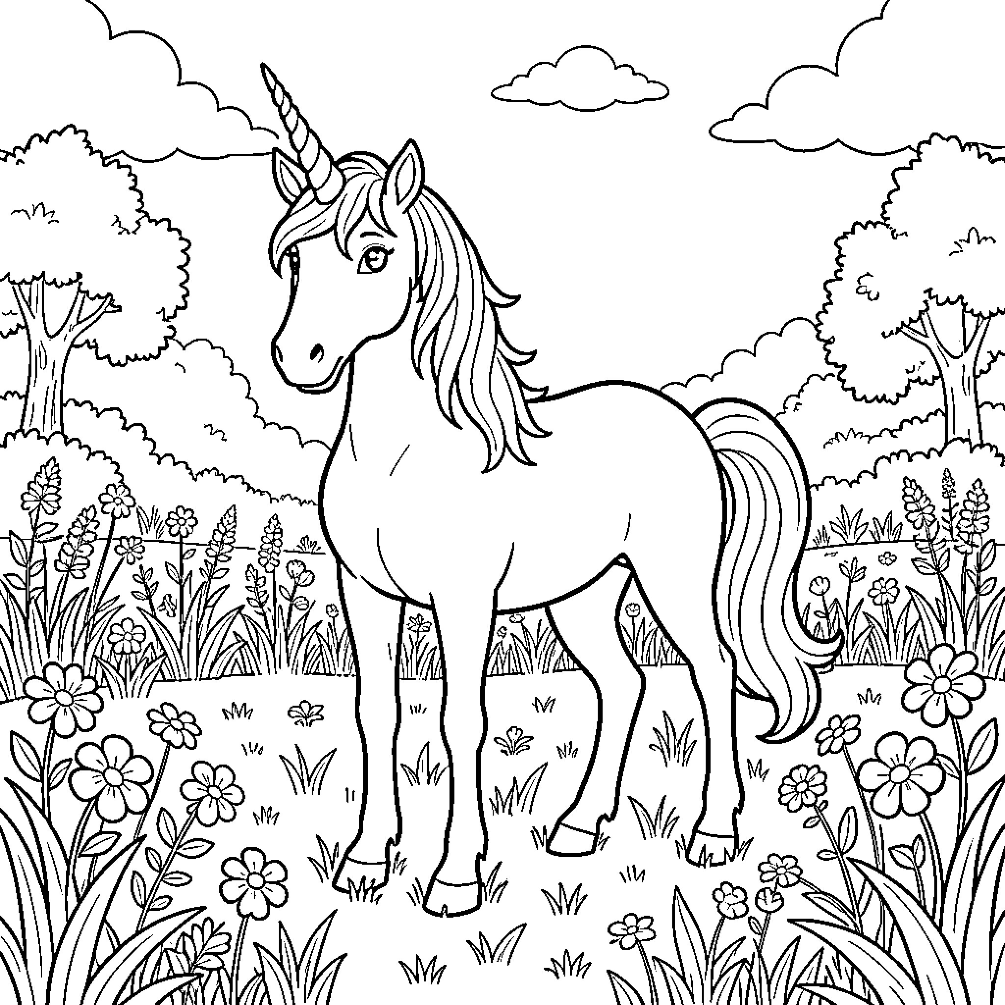 Unicorn standing gracefully in a flowery meadow Coloring Page (free black-and-white line drawing printable PDF for all, from beginners to advanced learners, including children, teens, adults, and seniors)