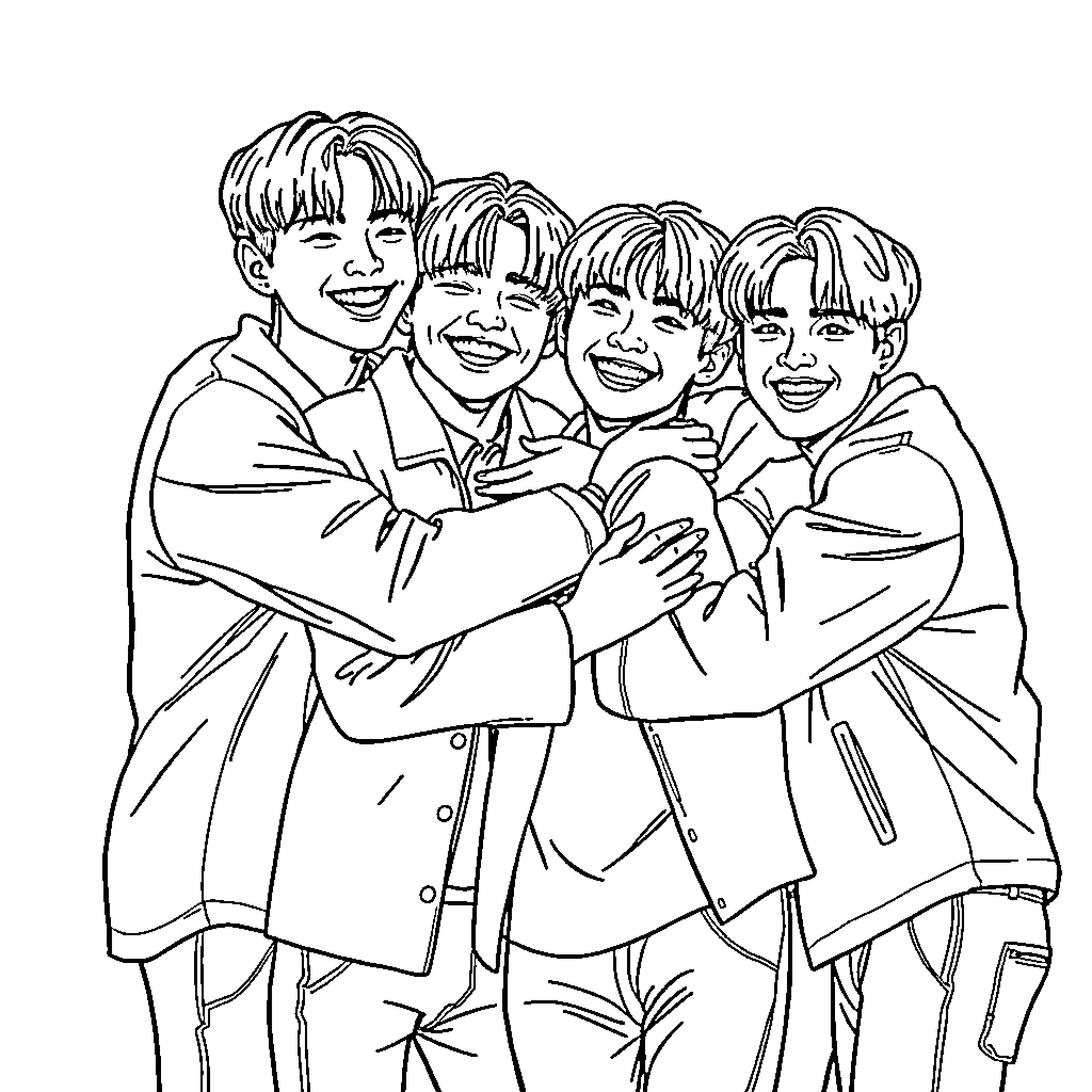 BTS Members Posing Together Joyfully Coloring Page (free black-and-white line drawing printable PDF for all, from beginners to advanced learners, including children, teens, adults, and seniors)