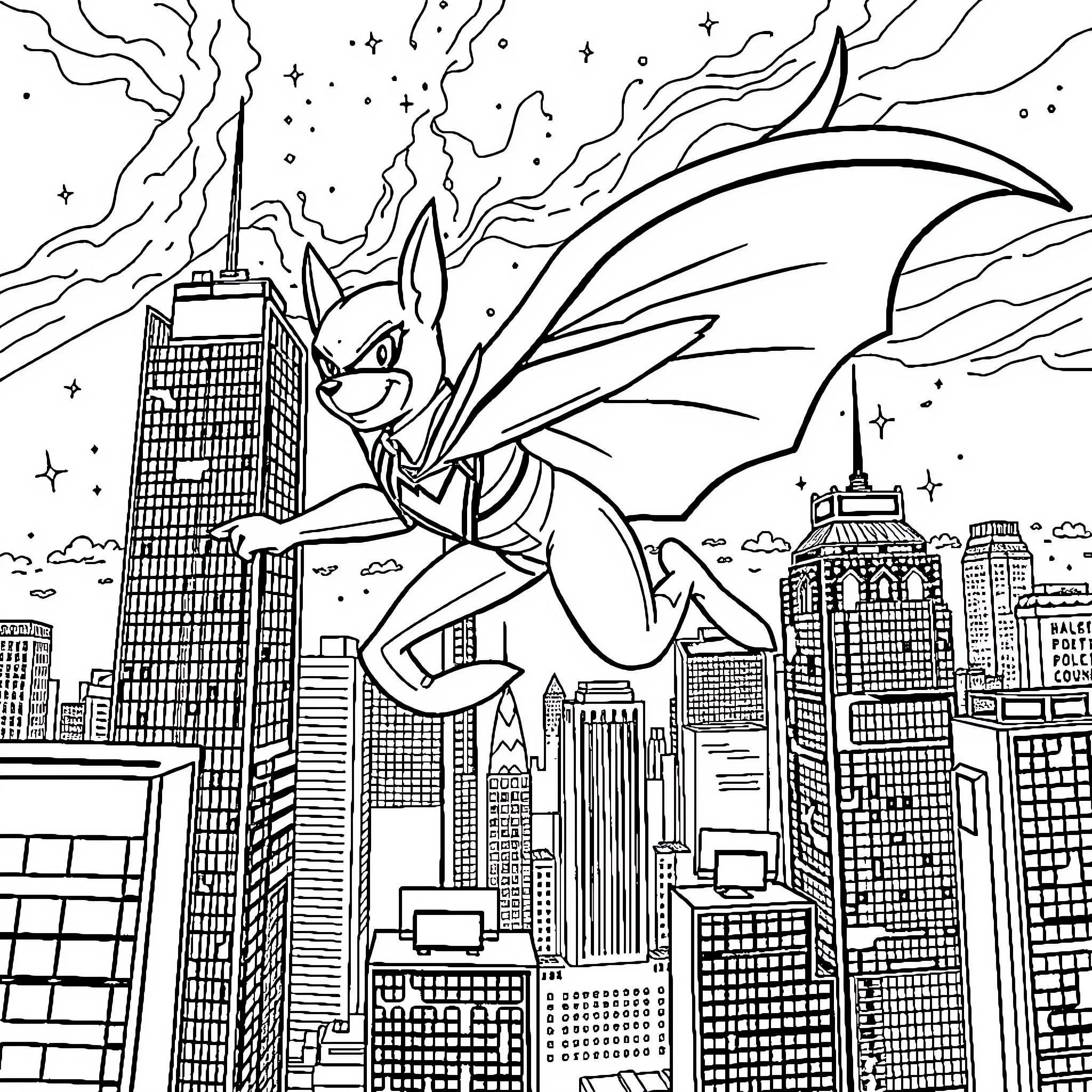 Krypto the Superhero Dog Soaring Over the City Coloring Page (free black-and-white line drawing printable PDF for all, from beginners to advanced learners, including children, teens, adults, and seniors)