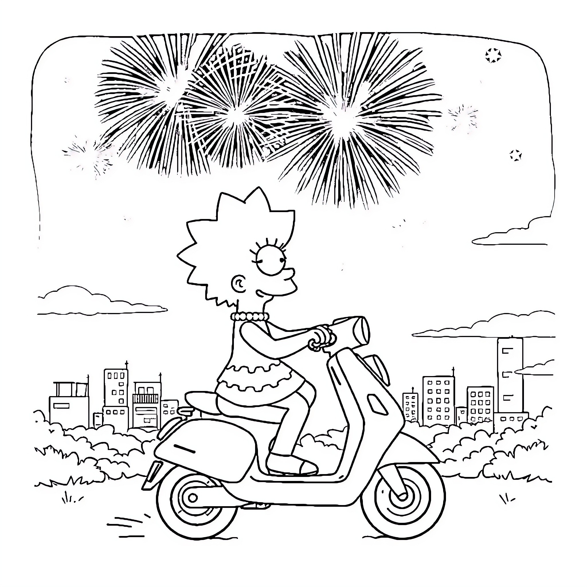 Lisa Simpson celebrating with fireworks on a scooter Coloring Page (free black-and-white line drawing printable PDF for all, from beginners to advanced learners, including children, teens, adults, and seniors)