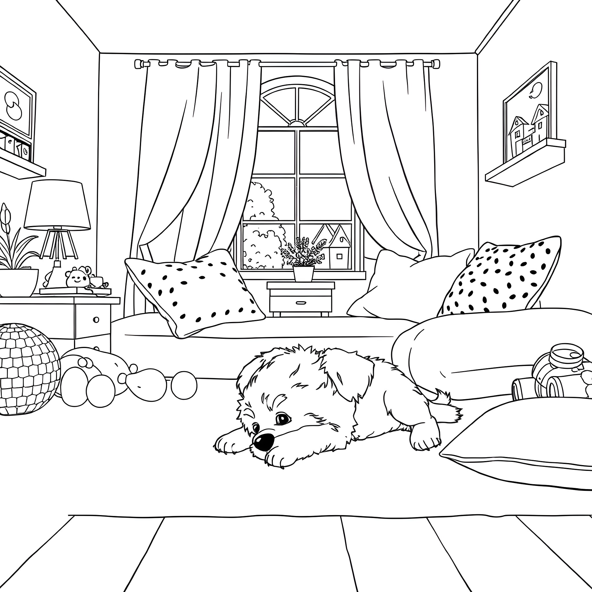 Puppy resting peacefully in cozy bedroom Coloring Page (free black-and-white line drawing printable PDF for all, from beginners to advanced learners, including children, teens, adults, and seniors)