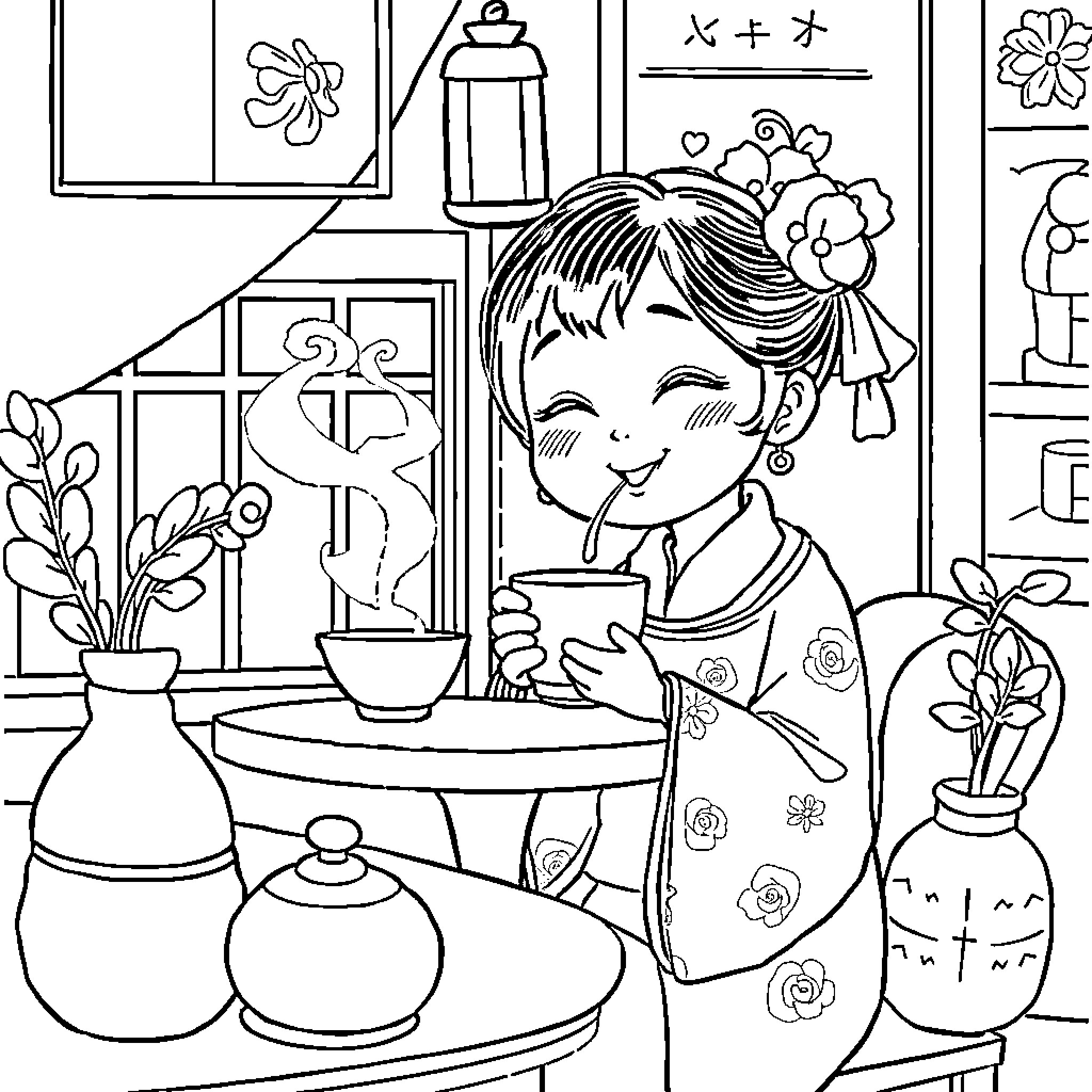 Maomao's Joyful Afternoon Tea Coloring Page (free black-and-white line drawing printable PDF for all, from beginners to advanced learners, including children, teens, adults, and seniors)