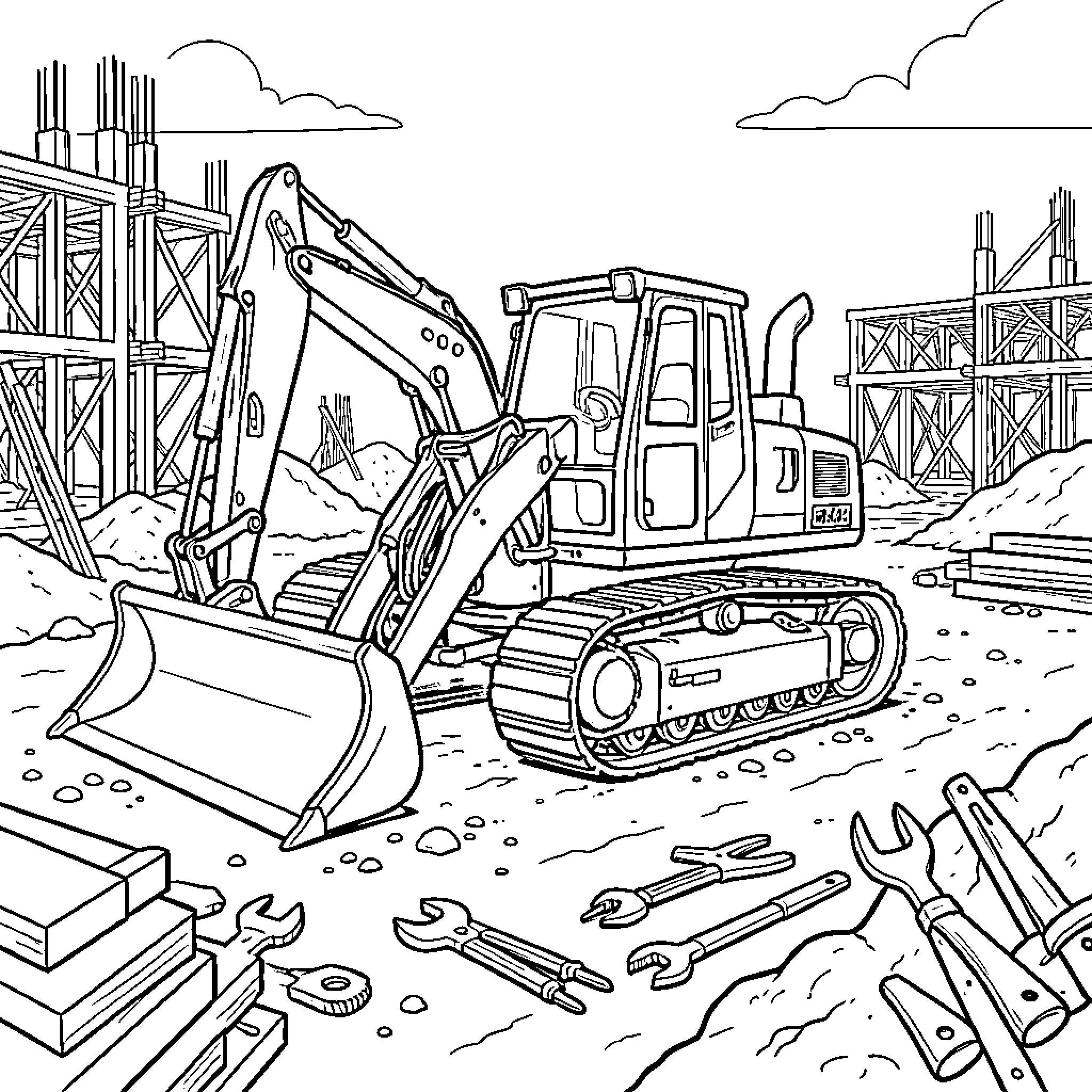 Tractopelle working on a busy construction site Coloring Page (free black-and-white line drawing printable PDF for all, from beginners to advanced learners, including children, teens, adults, and seniors)