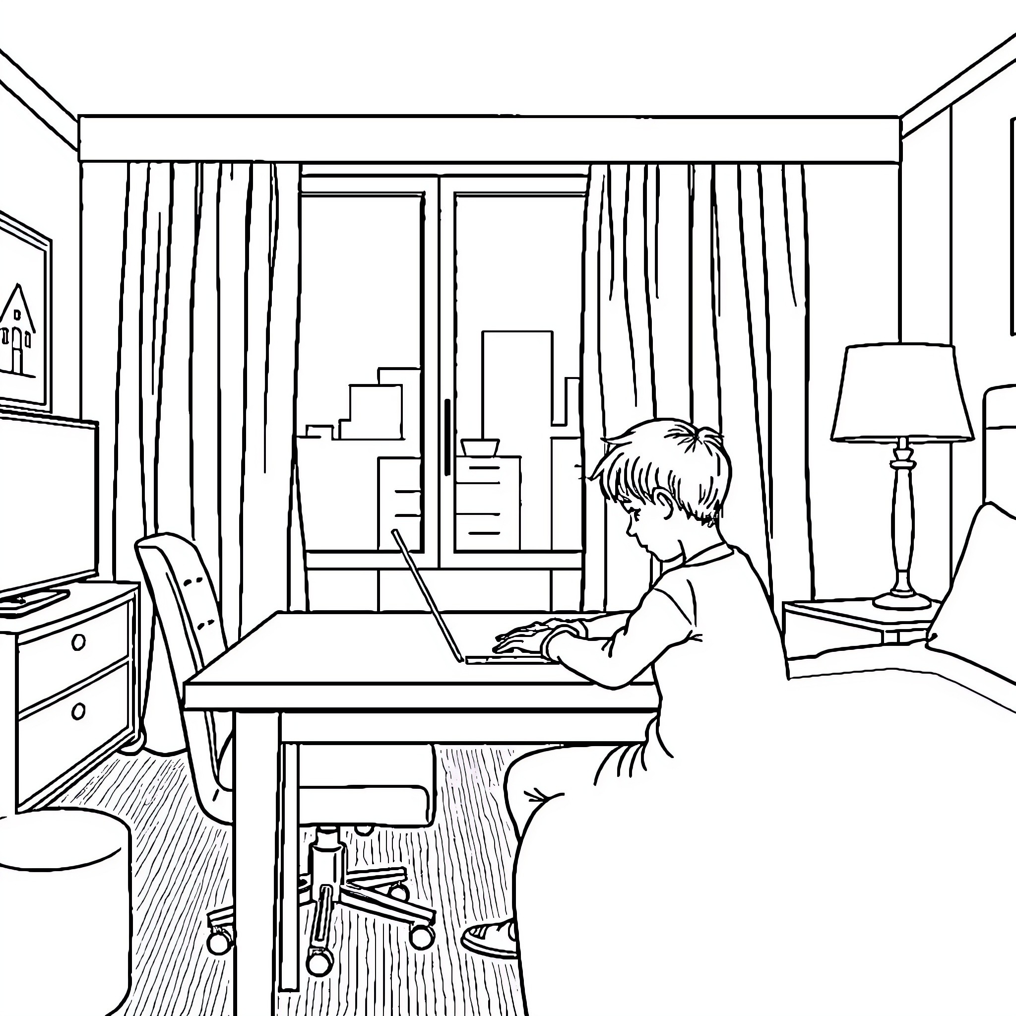 Boy studying diligently at his desk in the room Coloring Page (free black-and-white line drawing printable PDF for all, from beginners to advanced learners, including children, teens, adults, and seniors)