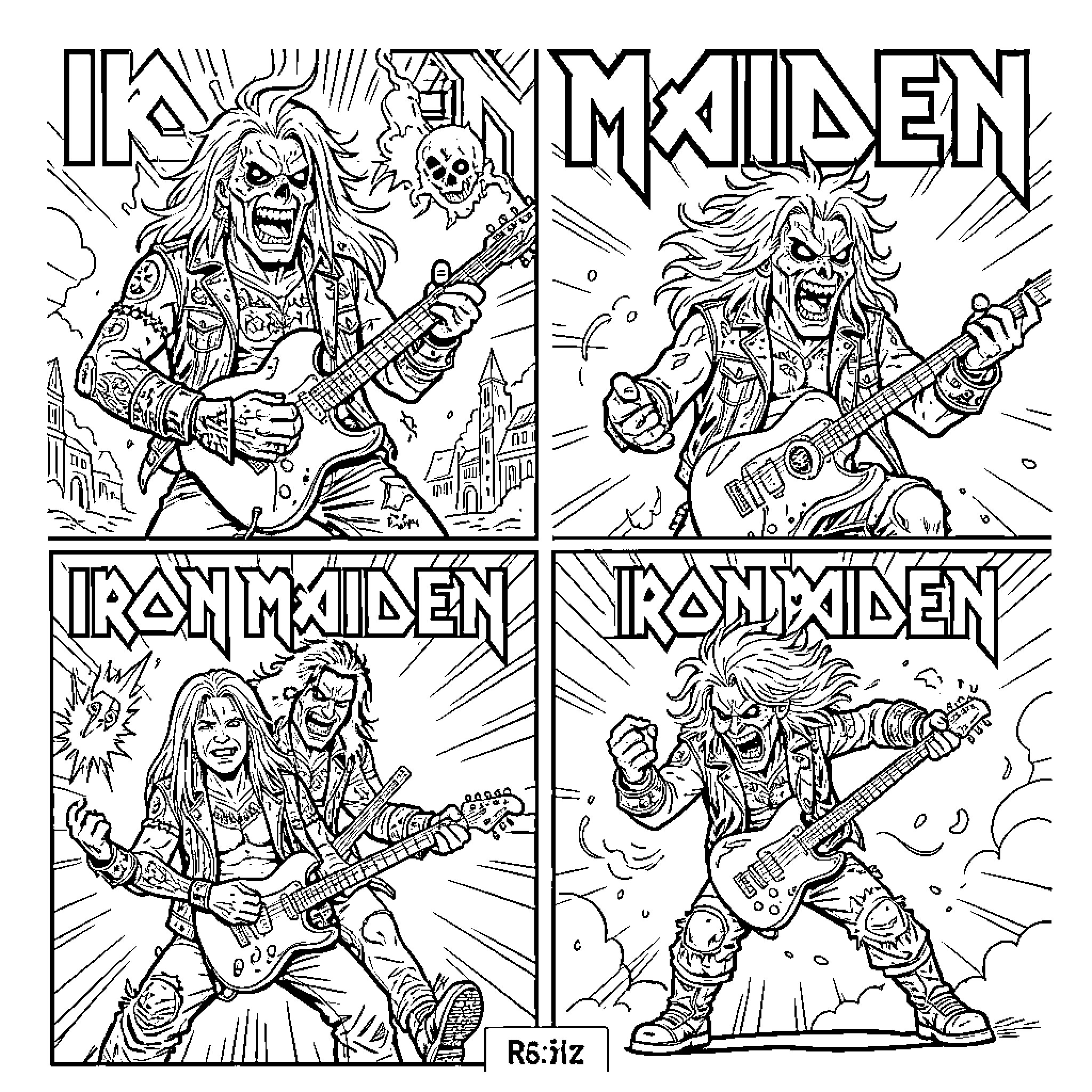 Iron Maiden Rock Band Members in Energetic Performances Coloring Page (free black-and-white line drawing printable PDF for all, from beginners to advanced learners, including children, teens, adults, and seniors)