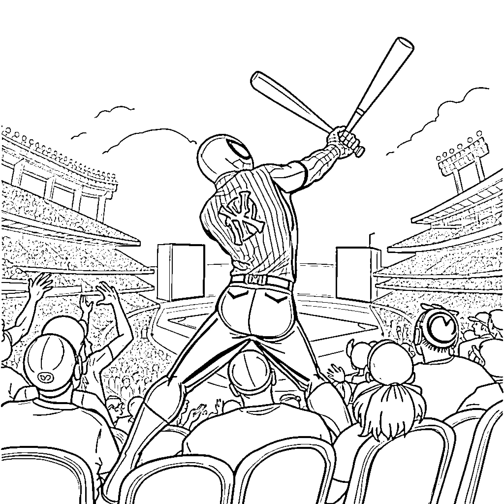Spiderman batting in a baseball game Coloring Page (free black-and-white line drawing printable PDF for all, from beginners to advanced learners, including children, teens, adults, and seniors)