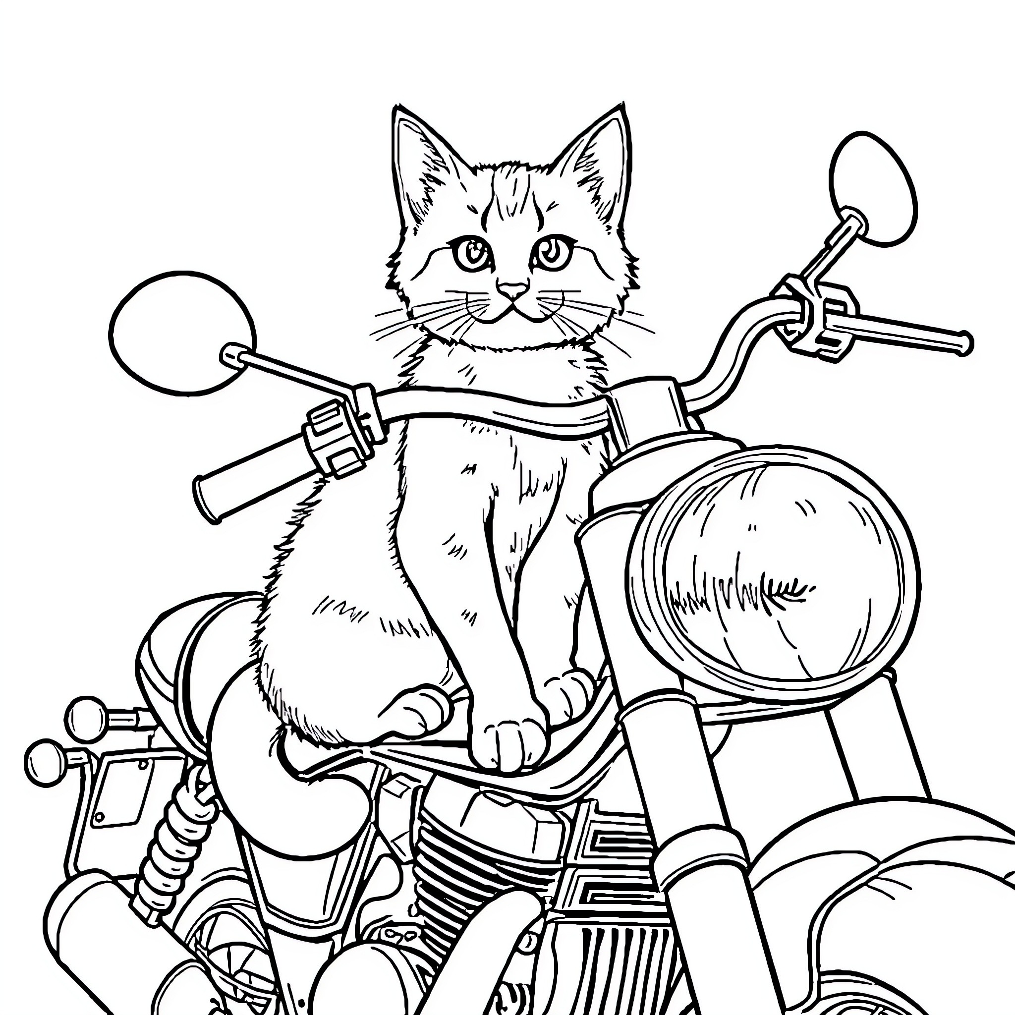 Cat riding a motorcycle with enthusiasm Coloring Page (free black-and-white line drawing printable PDF for all, from beginners to advanced learners, including children, teens, adults, and seniors)